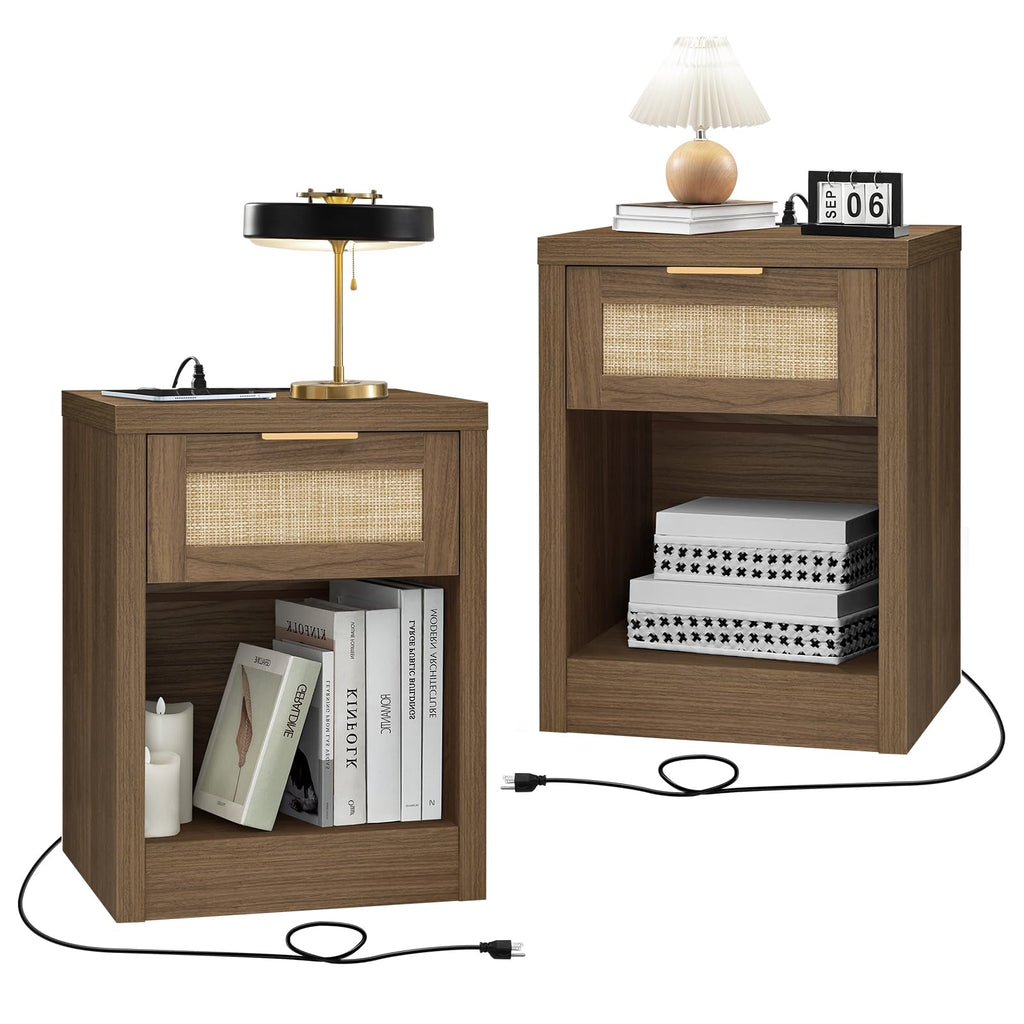 OAKHAM HOME Nightstand Set of 2 Farmhouse Bedside Tables with Drawer and Storage Shelf Modern Boho End Side Tables for Bedroom Sofa, Light Oak