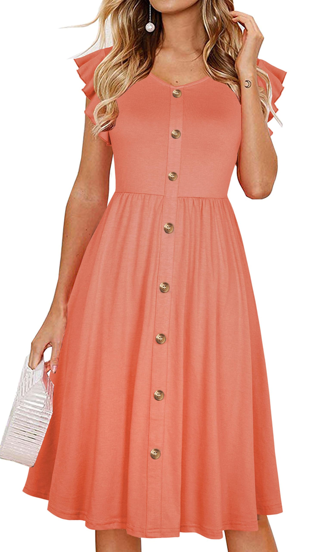 Lamilus Women's Casual Summer Dresses 2026 Ruffle Sleeves V-Neck Button Down Midi Swing Party Dress with Pockets