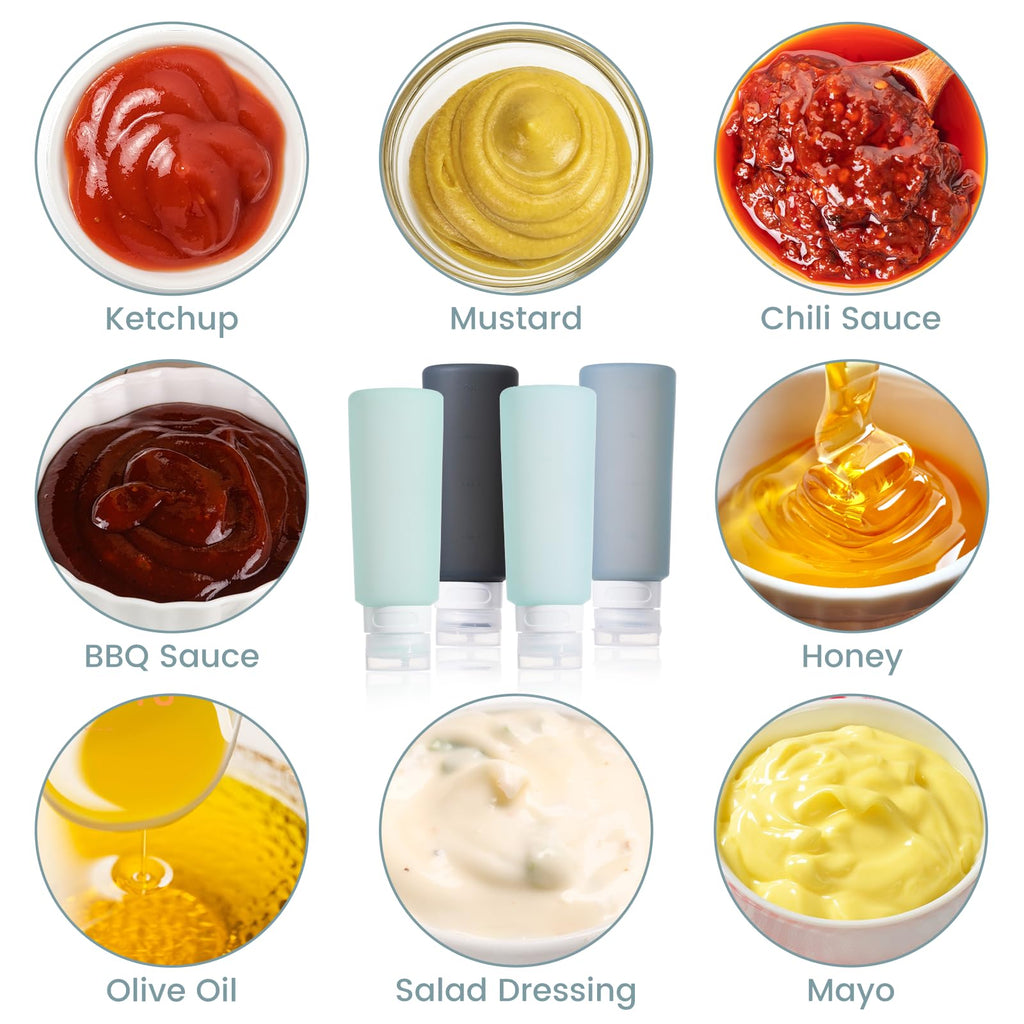 MICEBAY Condiment Squeeze Bottles for Sauces, 1-oz Mini Silicone Salad Dressing Container to Go with Snack Storage Bag, Leakproof Sauce Bottles for Lunch Box, 4 Pack, Blue