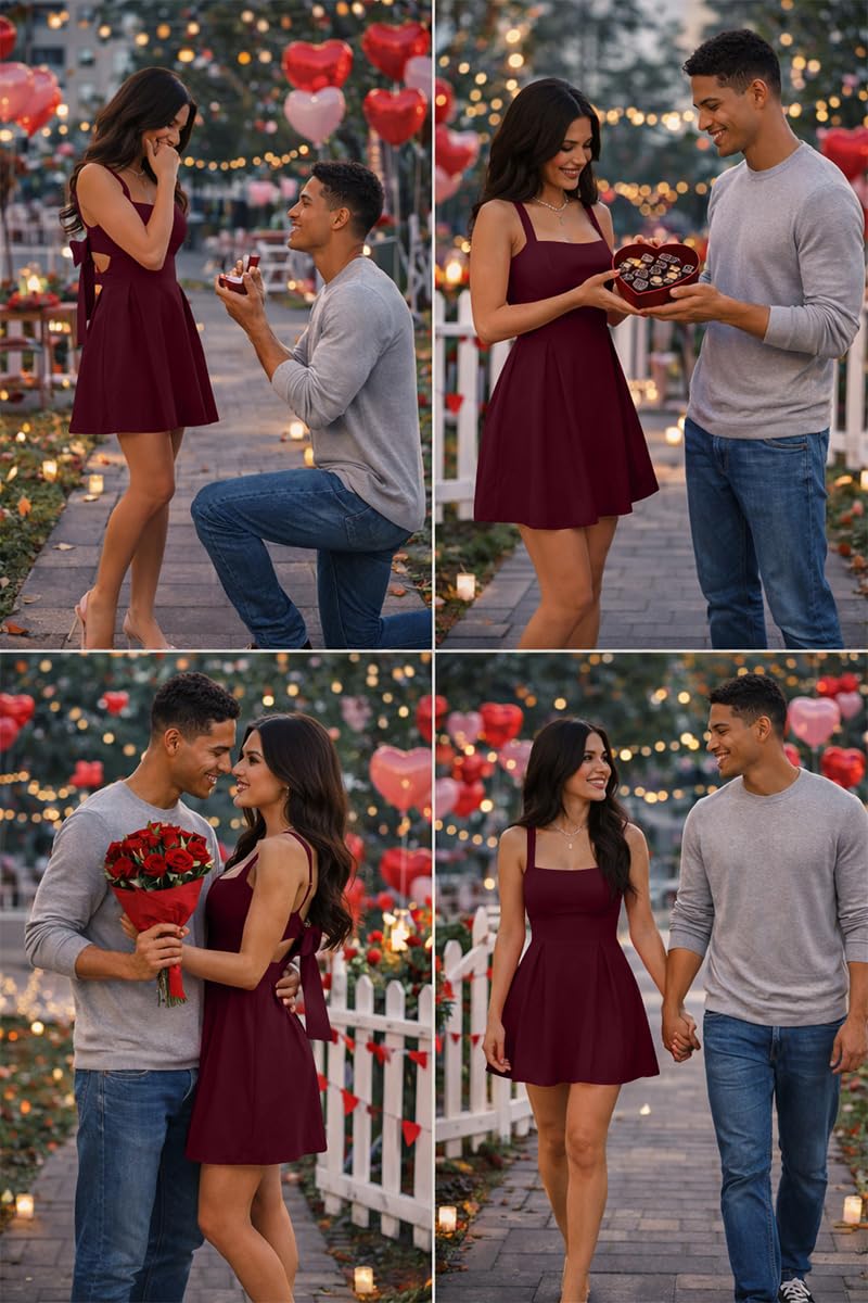 YMDUCH Women's Sexy Sleeveless Square Neck Adjustable Straps Bow Tie A-line Mini Party Club Dress