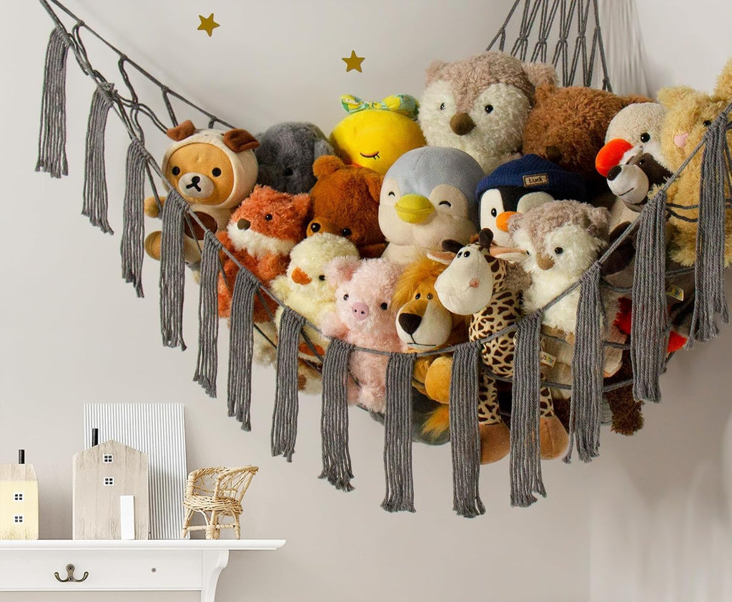 Stuffed Animal Hammock Corner with LED Light - Toy Storage Hammock Plushie Net Large - Cute Stuff Animals Holder Hanging Organizer - Baby Room Decor Kids Toddler Nursery Bedroom Boho