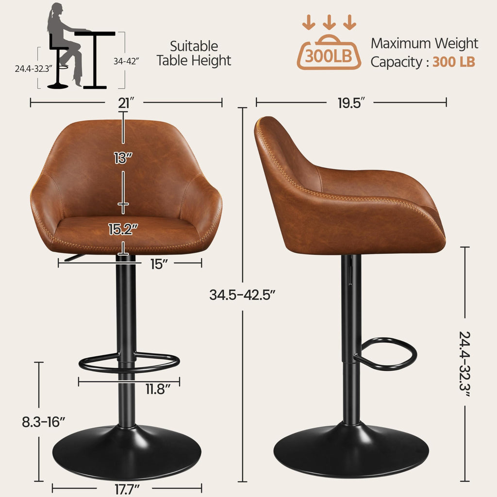 Yaheetech Bar Stools Set of 2, PU Leather Swivel Counter Height Barstools, Adjustable Bar Chairs with Backrest and Footrest, Kitchen Island Stool for Home Kitchen, Black