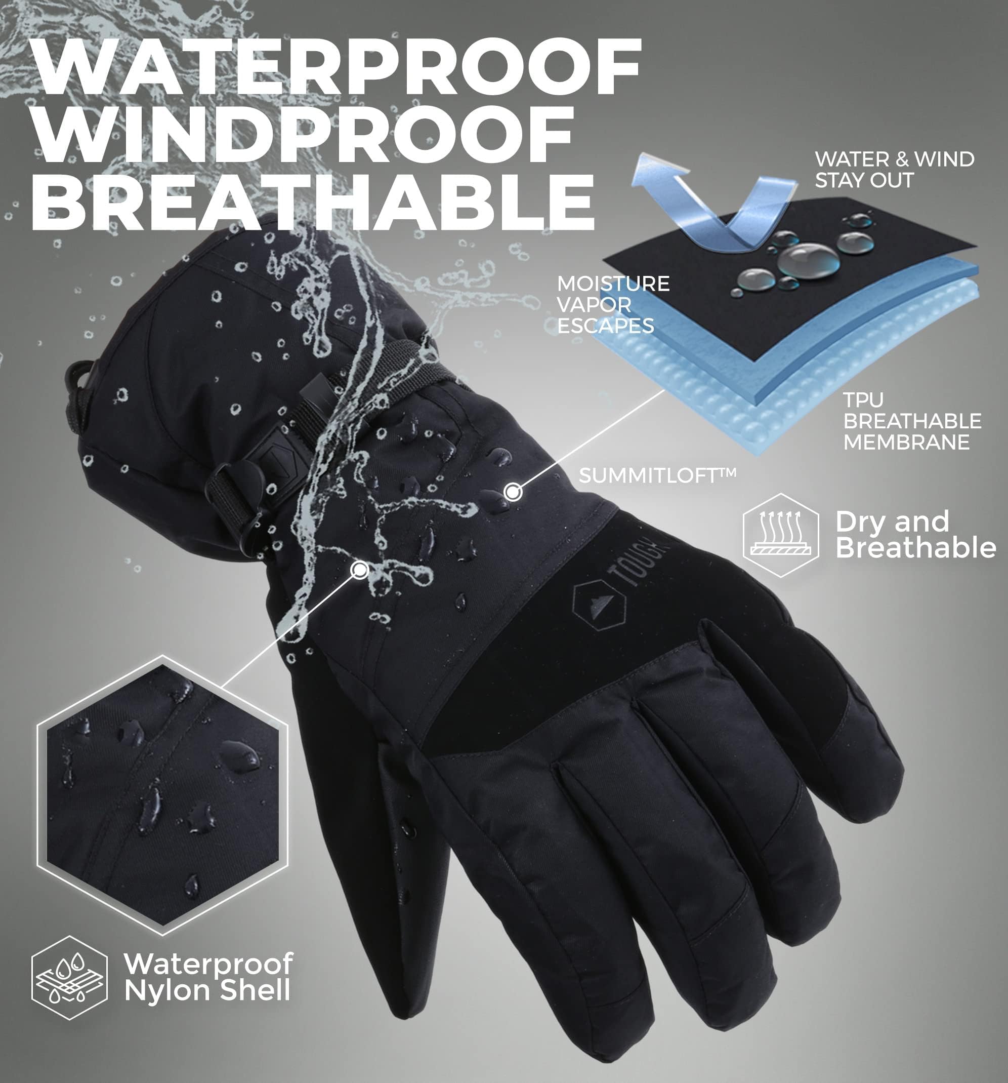 Tough Outdoors Waterproof Gloves Women - Ski Gloves Men - Warm for Winter Cold Weather Snow & Snowboarding - Men's Women's