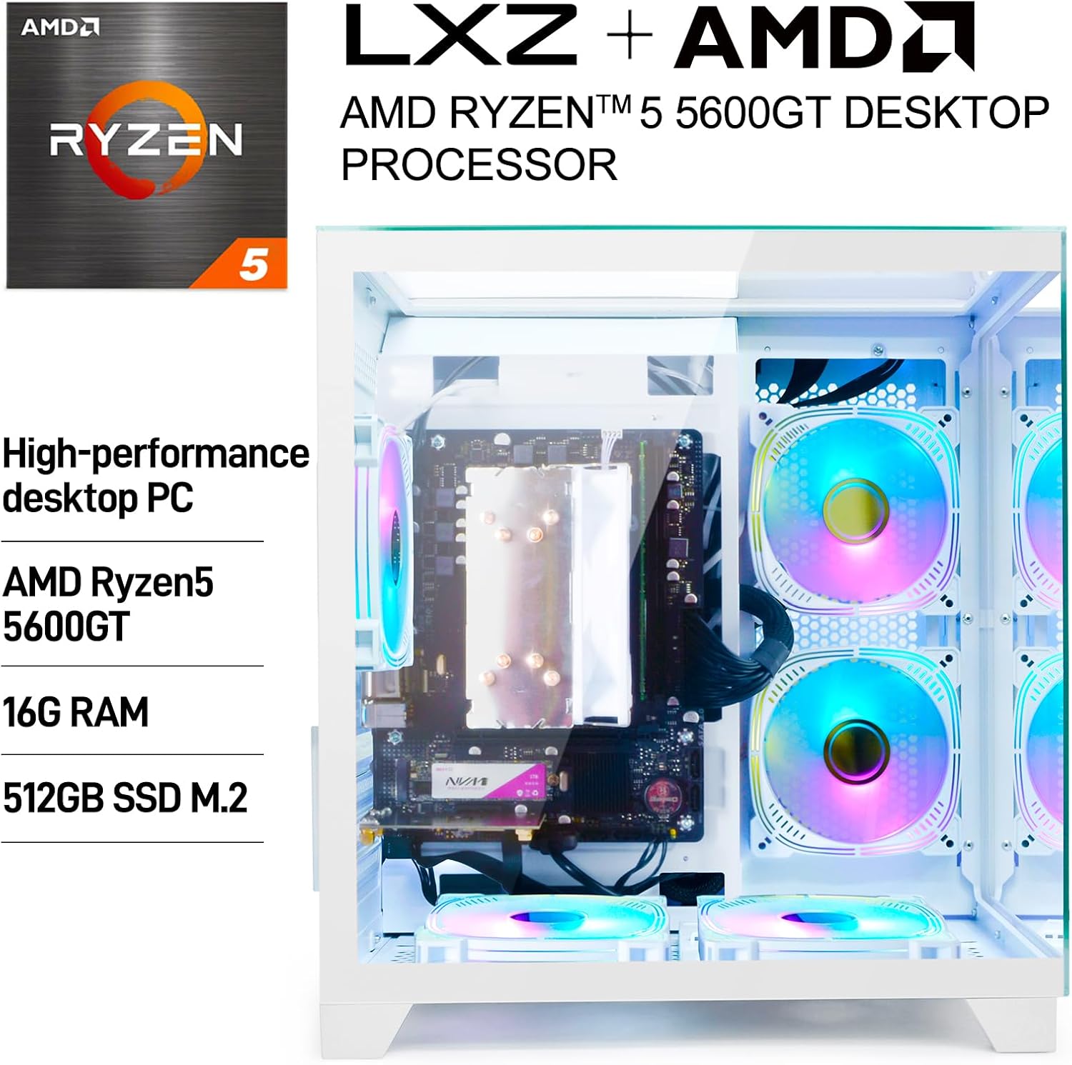 LXZ Desktop PC Computer AMD Ryzen 5 5600G 6 core 3.9GHz, 16G DDR4 RAM, 512G NVME SSD, Tower Computer for Gaming, Home and Office (White)