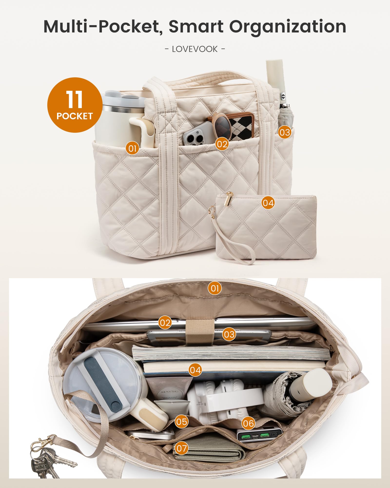 LOVEVOOK Puffer Tote Bag for Women, Puffy Work Handbag with Cup Holder, Travel Carry On Bag with Zipper for Teacher Nurse Gym