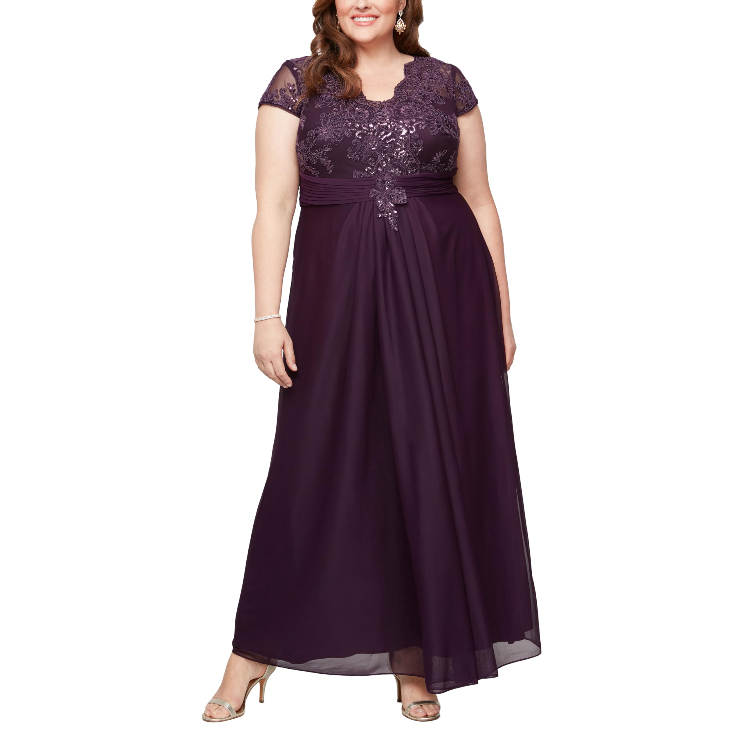 Alex Evenings Women's Long Stretch Sequin Bodice Mother of The Bride Dress with Empire Waist (Petite and Regular Sizes)