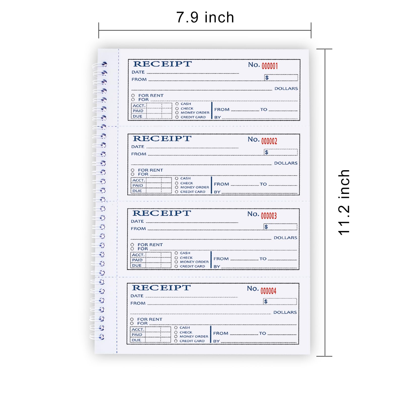 Large Money and Rent Receipt Book with Cardboard Insert,2-Part Carbonless,7.9”x11.2” Spiral Bound,200 Sets per Book,4 Receipts per Page for Office Supplier,Rent and Cash Transaction