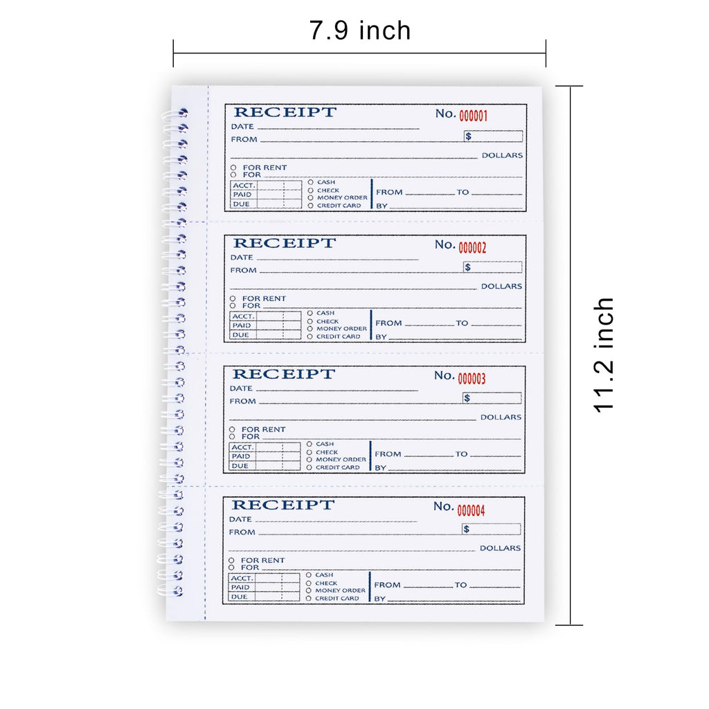 Large Money and Rent Receipt Book with Cardboard Insert,2-Part Carbonless,7.9”x11.2” Spiral Bound,200 Sets per Book,4 Receipts per Page for Office Supplier,Rent and Cash Transaction