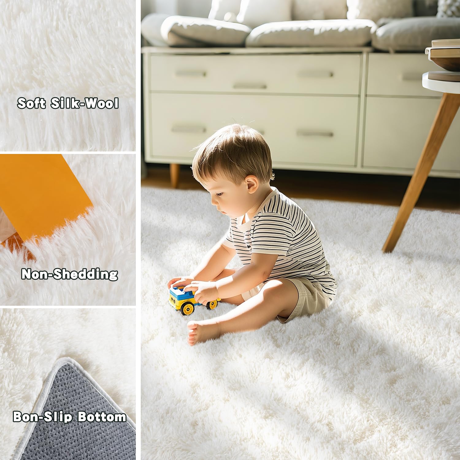 Beige Fluffy Rug for Bedroom 4x6ft - Ultra Soft & Non Slip Shaggy Area Rug, Comfy Durable Carpet for Living Room Kids Room Teens Dorm Home Decor, 1.7'' Thick Indoor Plush Carpets