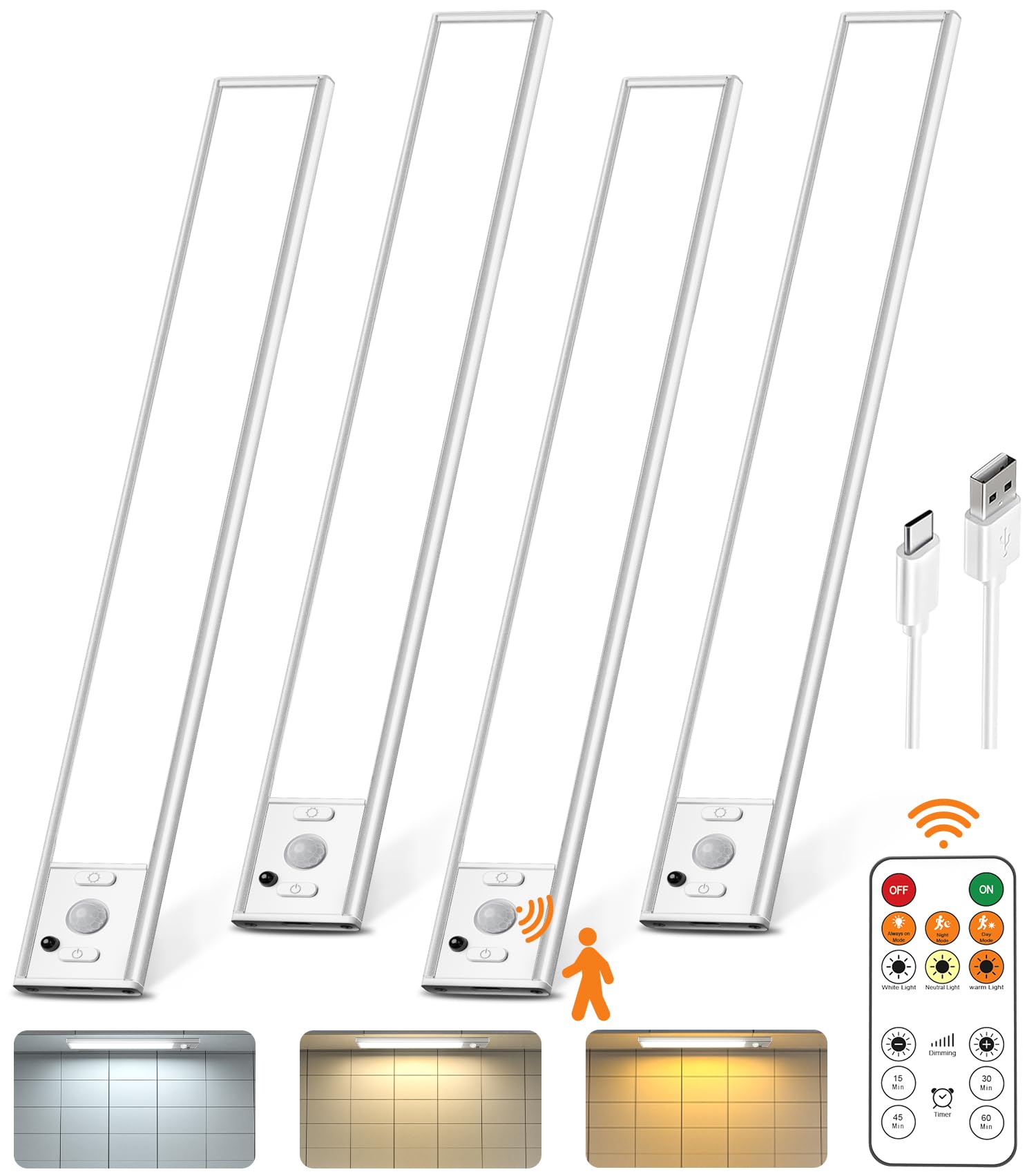 9" Under Cabinet Lights Wireless, Motion Sensor Light Indoor with Remote, LED Rechargeable Closet Light, 3 Color Temps, Dimmable, Magnetic, Under Counter Lights for Kitchen, Stairs, Pantry, Hallway