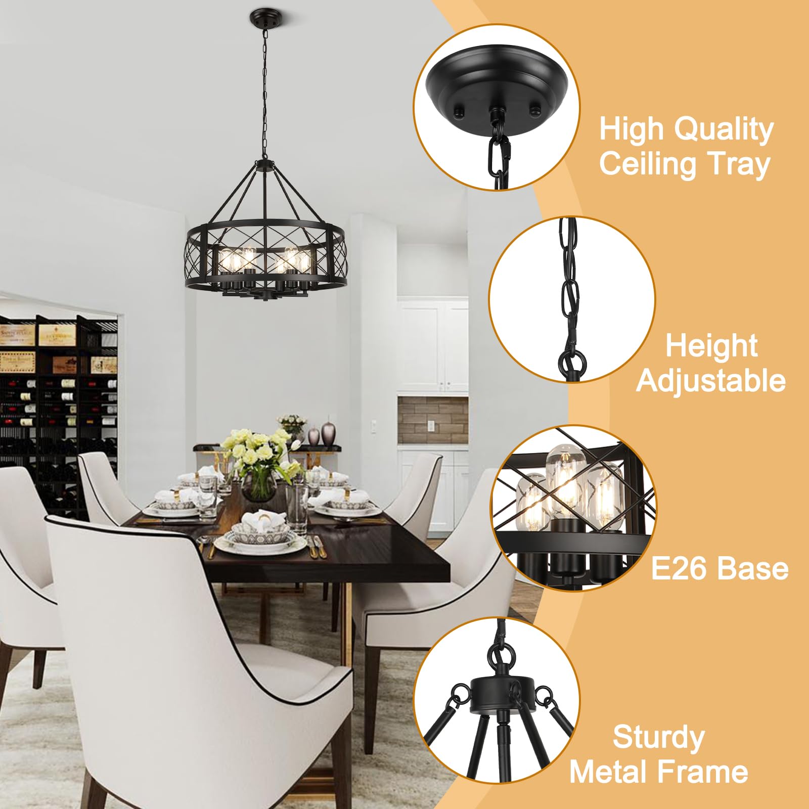 Modern Chandelier for Dining Room, 6-Light Wood Grain Finish Farmhouse Chandelier, 22.5” Rustic Drum Hanging Light Kitchen Island, Round Metal Hanging Light Fixture for Foyer, Entryway, Bedroom