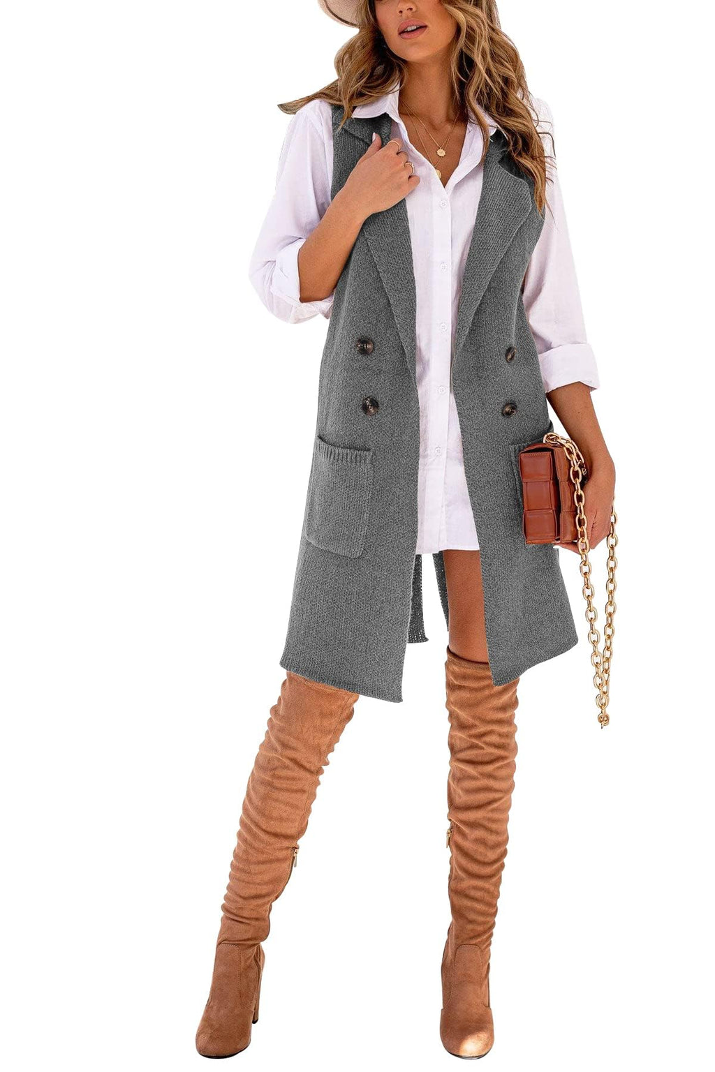 Danedvi Women Open Front Lapel Collar Cardigan Vest Button Down Long Sweaters Cardigan Solid Outerwear Coats