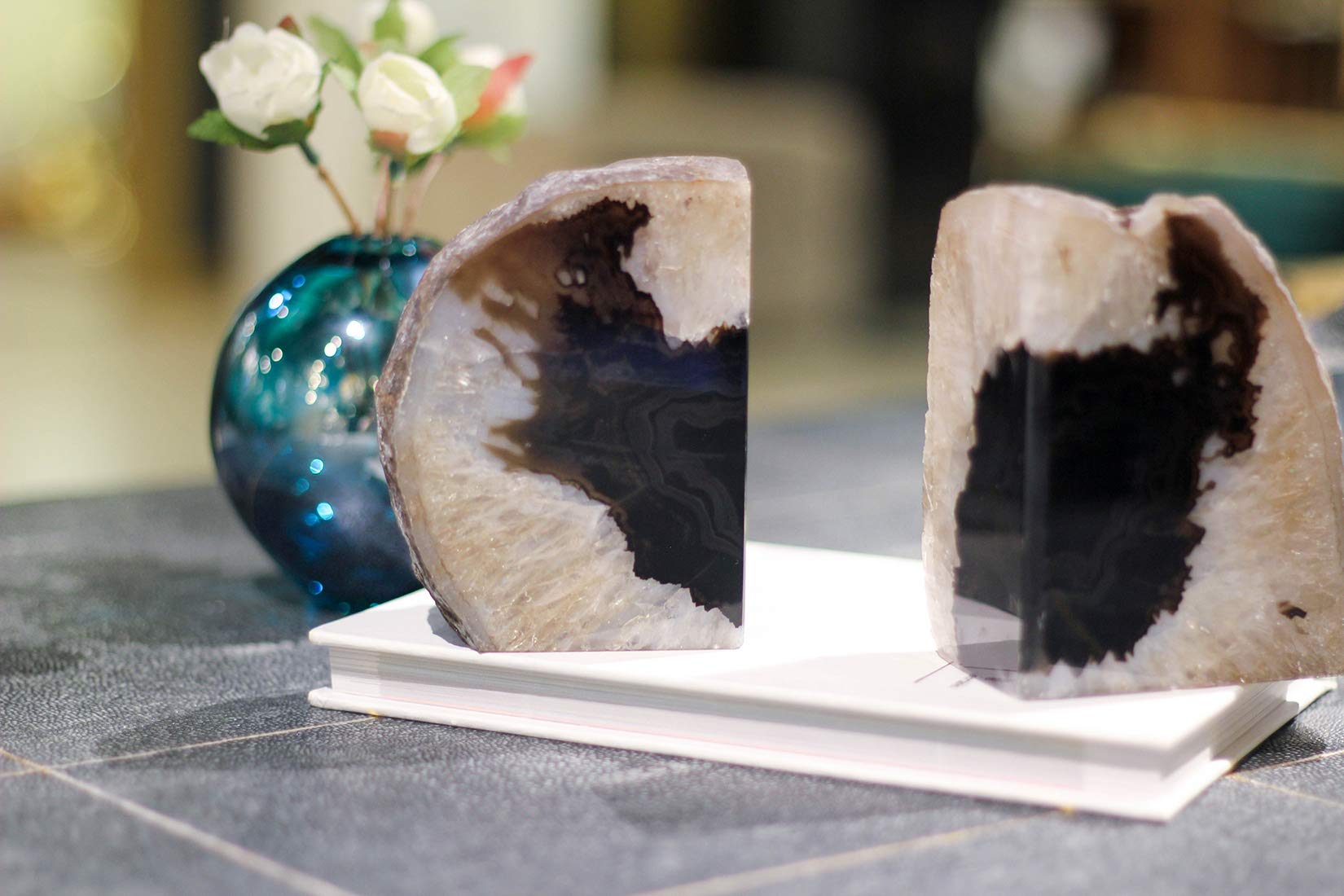 JIC Gem Black Agate Geode Bookends 2-3 Lbs Anti-Slip Rubber Pads Heavy Duty | 1Pair Natural Black Agate Crystal Decor for Shelves & Desk, Unique Small Stone Book Holder Gift for Office & Home Decoration