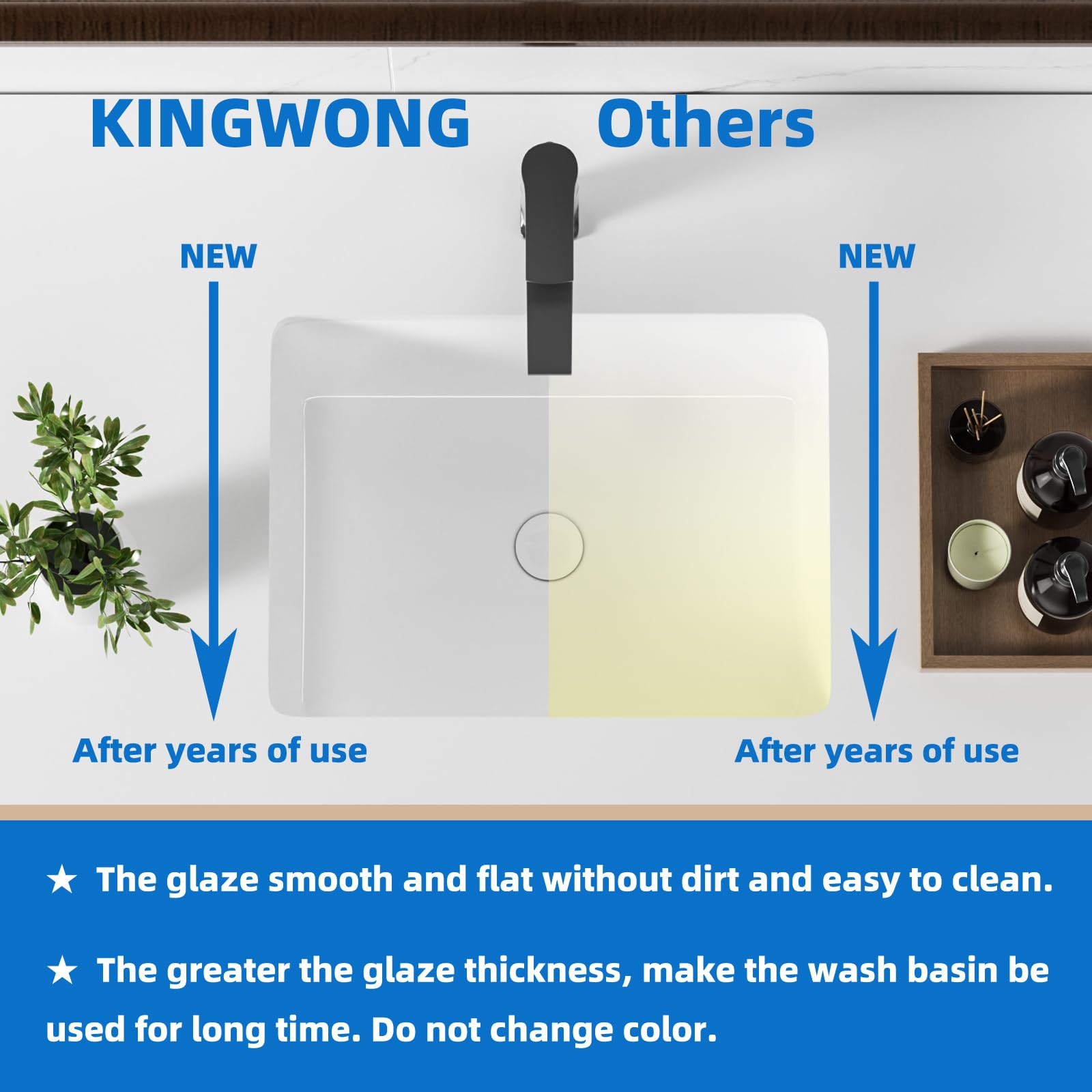KINGWONG 14 Inch Small Square Undermount Bathroom Sink, 13.75" Ceramic White Porcelain Under Counter Basin for Vanity, Modern Rectangular Sink with Overflow Hole, Easy to Clean, Interior 11.5" x 11.5"