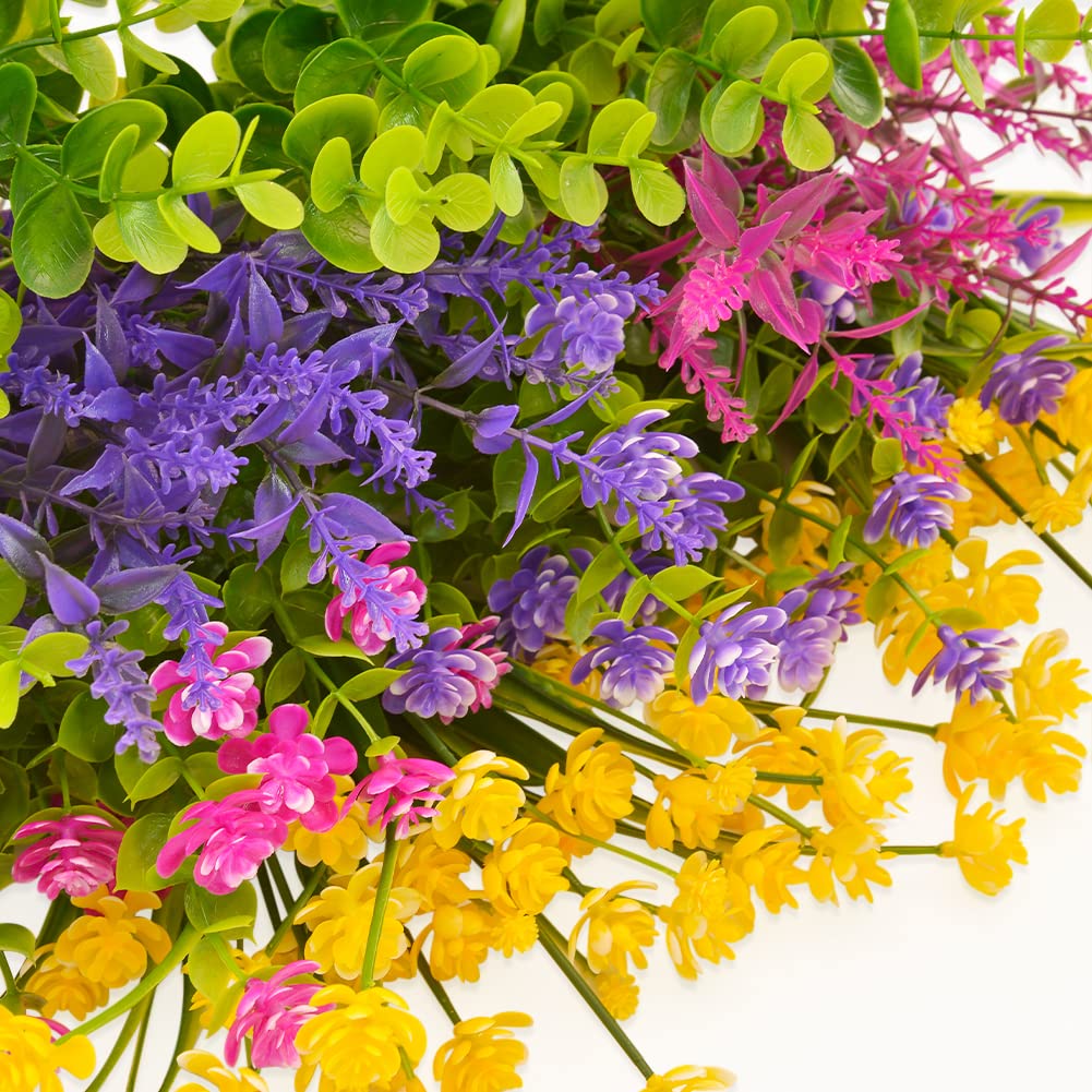 12 Bundles Outdoor Artificial Fake Flowers UV Resistant No Fade Boxwood Faux Plastic Shrubs Plants for Garden Patio Porch Window Box Home Wedding Farmhouse Hanging Décor