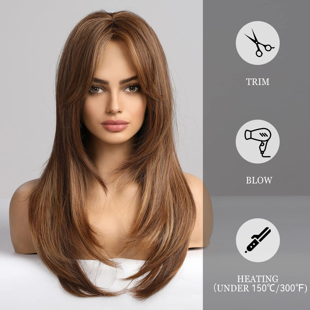 HAIRCUBE Auburn Wigs for Women,Long Layered Orange Wigs with Bangs Heat Resistant Synthetic Fibre Wigs(pelucas de cabello natural)