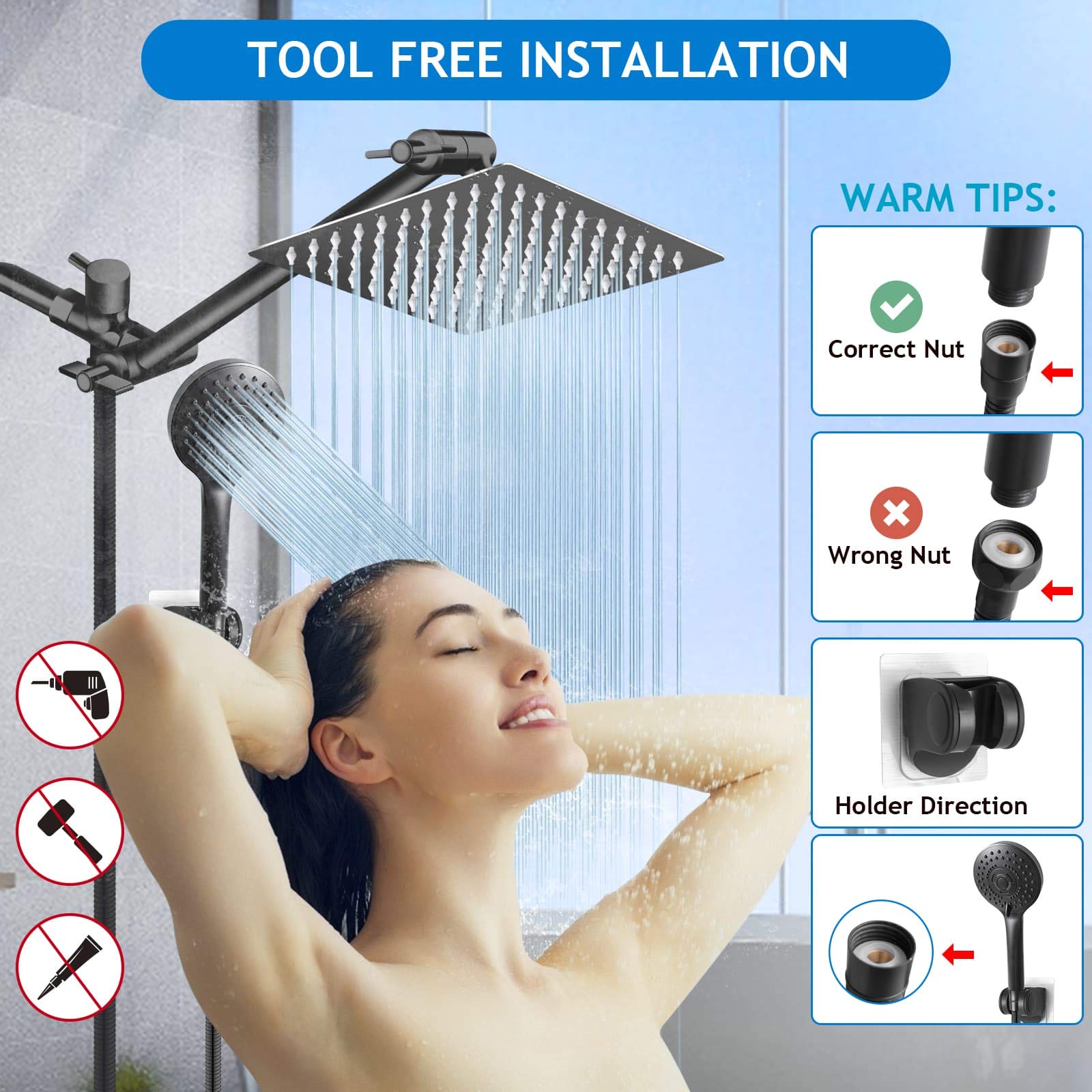 Shower Head Combo(Brushed Nickel),8 Inch High Pressure Rain Shower Head with 11 Inch Adjustable Extension Arm and 5 Settings Handheld Shower Head Combo,Powerful Shower Spray Against Low Pressure Water