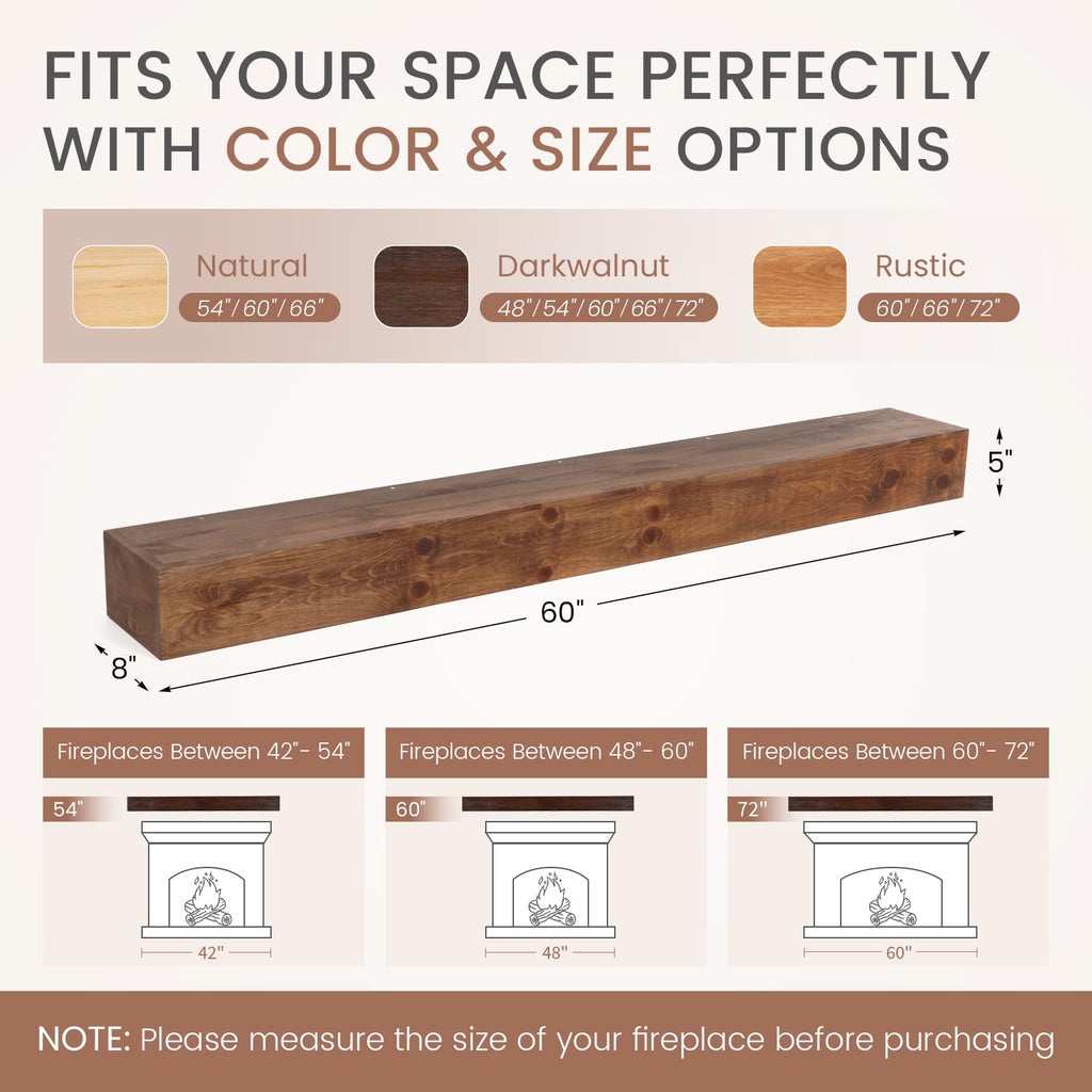G GOOD GAIN Fireplace Mantel 54inch - Handmade Rustic Wood Mantel for Over Fireplace | Wall Mounted Floating Mantle Shelves for Living Room Decor(Chocolate, 54Lx5Hx8D)