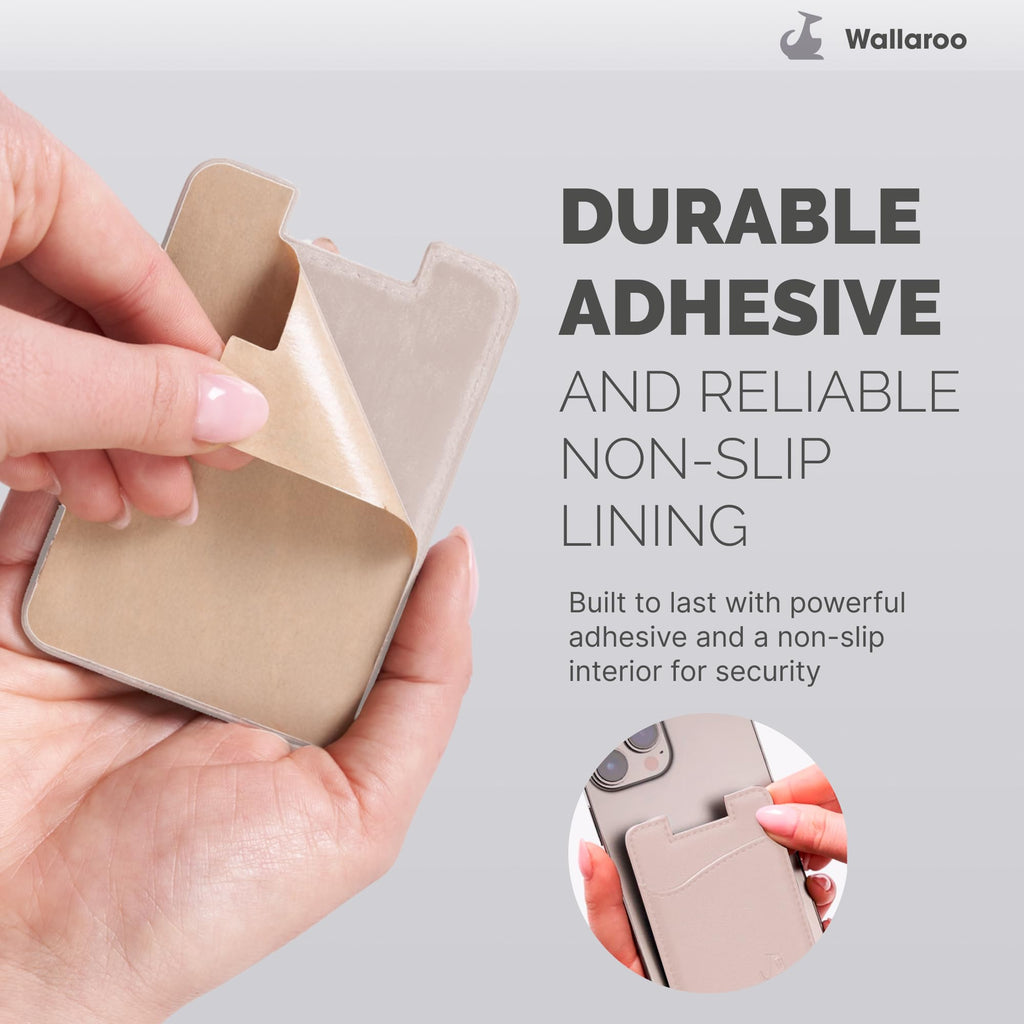 Wallaroo Premium Leather Cell Phone Wallet Stick On - Android and iPhone Wallet and Card Holder for Women and Men - Durable with Non-Slip Lining Secures Up to 3 Cards