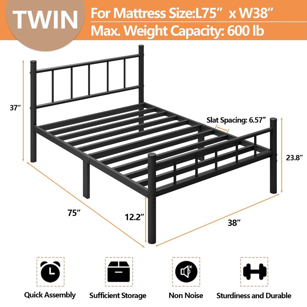 zizin Twin Size Metal Bed Frame with Headboard & Footboard 14 Inch Metal Platform Mattress Foundation Support with Steel Slat, Under Bed Storage, No Box Spring Needed
