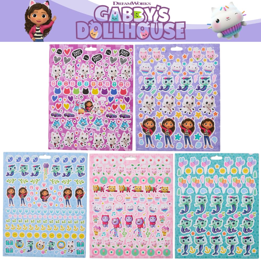 Gabby's Dollhouse Sticker Book Set, 12 Sheets with 1000+ Puffy Stickers Gabby, Mericat, Cakey, Pandy Paws