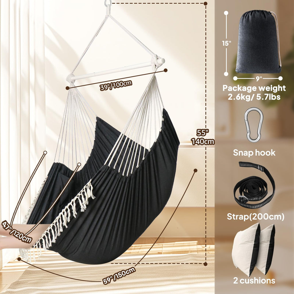 Chihee Hammock Chair Hanging Swing Max 500 Lbs 2 Cushions Included Metal Spreader Bar with Anti-Slip Grooves Portable Hanging Chair Side Pocket Large Macrame Bohemian Chair Indoor Outdoor | Hanging Swing with Anti-Slip Grooves Portable Hanging Chair Side