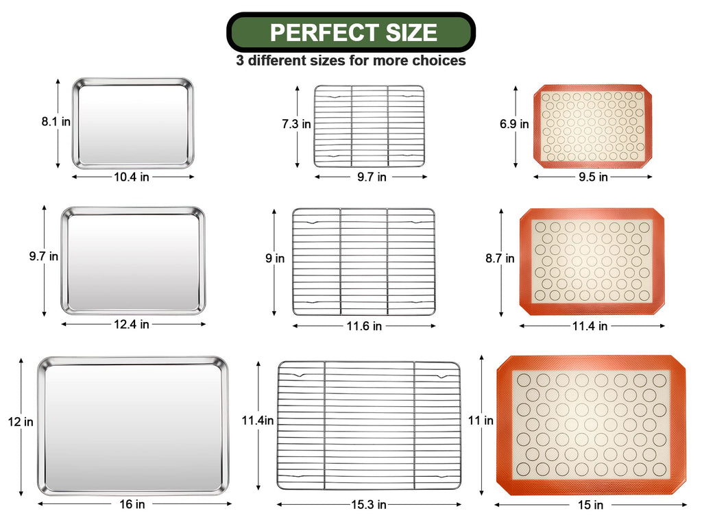 Baking Sheet Tray Cooling Rack with Silicone Mat Set, Stainless Steel Cookie Pan For Oven, Set of 9 (3 Sheets + 3 Racks Mats), Warp Resistant & Heavy Duty & Easy Clean, Grey