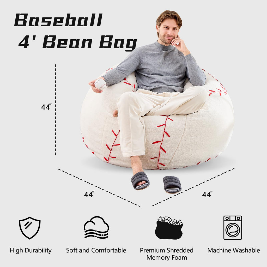 Sports Baseball Bean Bag Chair - Luxurious Bean Bag Chairs for Kids Teens Adults - Floor Sofa Couch with Filler - Plush BeanBag Furniture for Living Room Bedroom College Dorm - 32 Inch