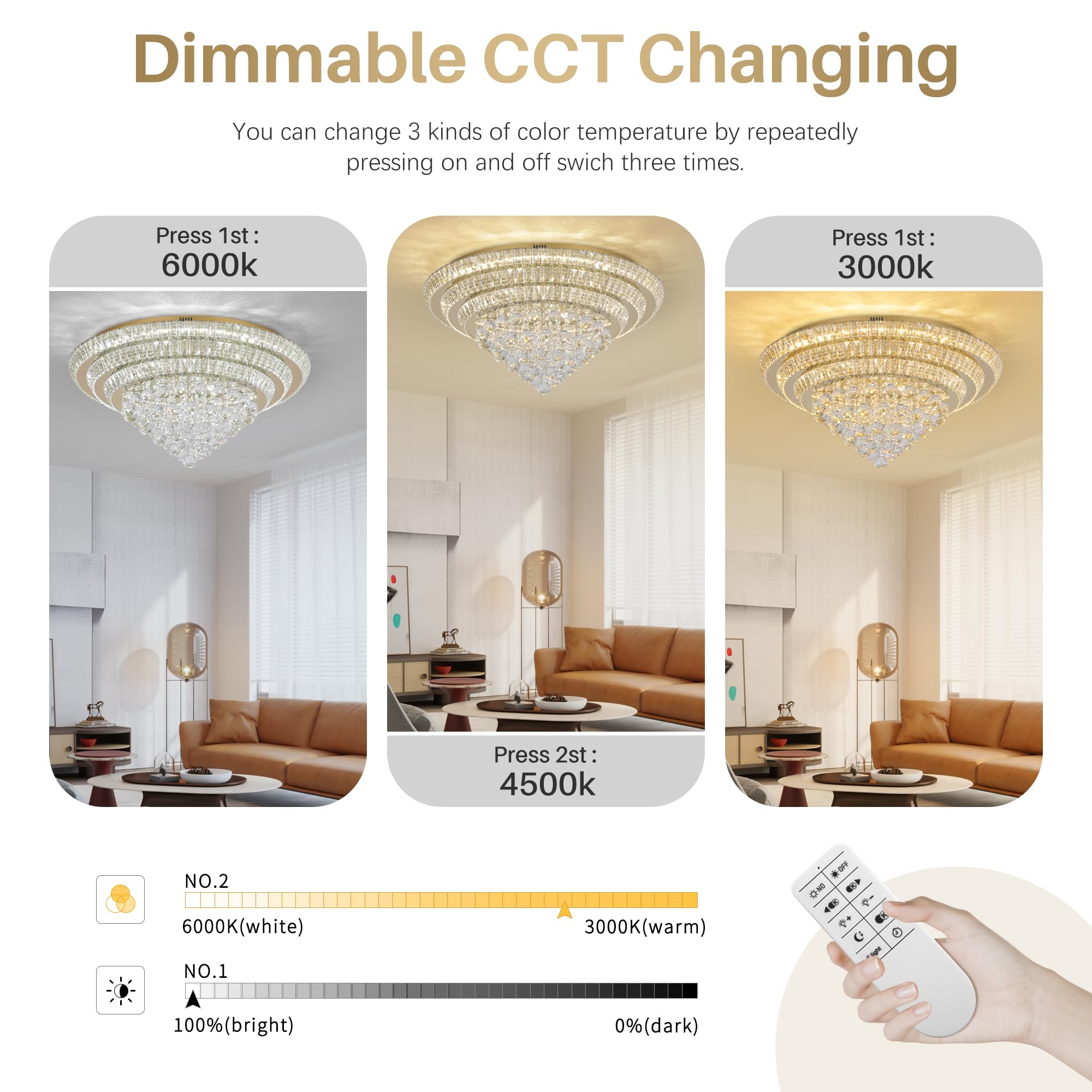 COCOSTAR 20" Gold Crystal Chandeliers, Flush Mount Chandelier LED Ceiling Light, Modern Crystal Raindrop Chandeliers for Dining Room, Living Room, Bedroom