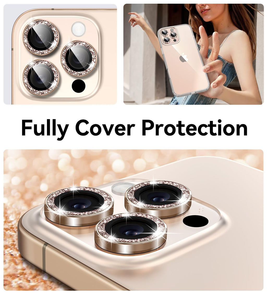 Matekxy Glitter Camera-Lens Protector for iPhone-16 Pro-Max - 16 Pro Anti-Scratch Tempered Glass with Aluminum Edging, Cute Girly Metal Individual Bling Ring Cover for Women, Black Titanium
