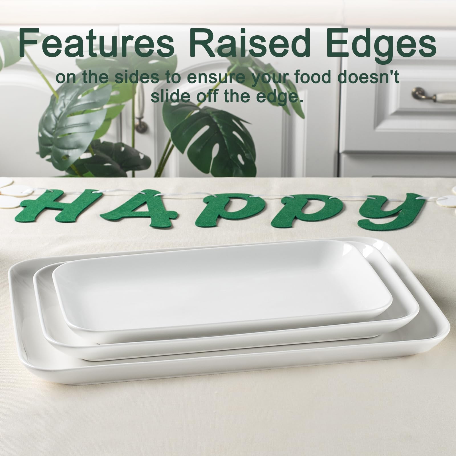 DELLING Large Serving Platter Set of 3, 16/14/12 Inch Porcelain Serving Trays for Party - Black Ceramic Rectangular Platters for Entertaining,Platter for Thanksgiving Christmas, Dishwasher Oven Safe