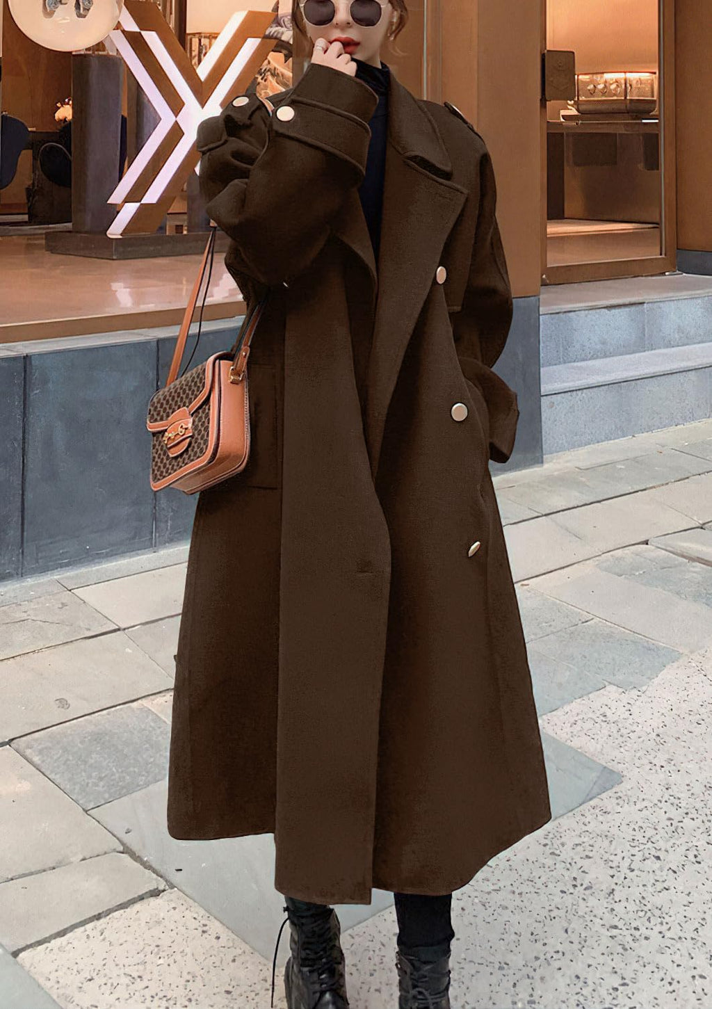 chouyatou Women's Winter Double Breasted Midi Long Wool Pea Coat Notch Lapel Winter Trench Coat