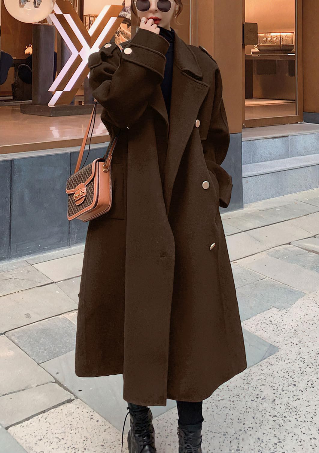 chouyatou Women's Winter Double Breasted Midi Long Wool Pea Coat Notch Lapel Winter Trench Coat