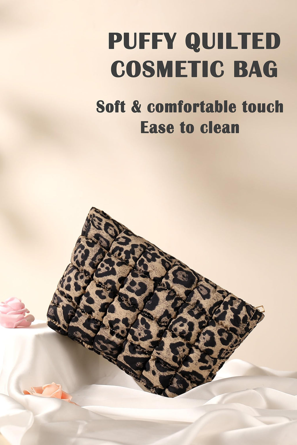Puffy Quilted Makeup Bag for Women, Cosmetic Bag, Travel Toiletry Organizer Pouch Clutch (Black Flowers)