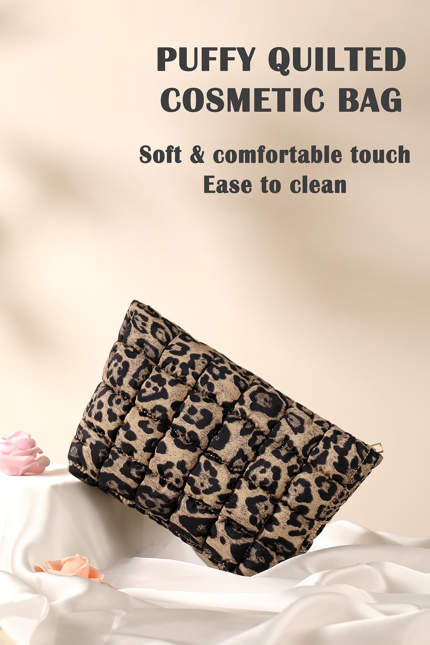 Puffy Quilted Makeup Bag for Women, Cosmetic Bag, Travel Toiletry Organizer Pouch Clutch (Black Flowers)