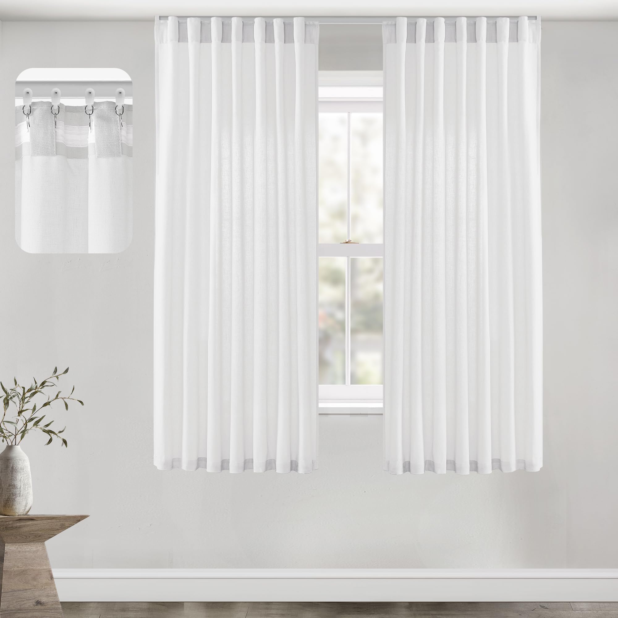 Black Linen Cotton Blend Sheer Curtains, Moody Light Filtering Drapes for Dark Academia Inspired Study Bedroom Living Room, 84 Inch Long 2 Panels Set