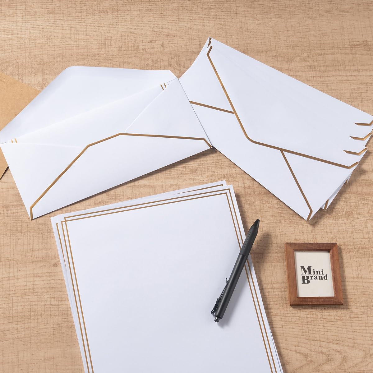50 Pack Stationery Set with Envelopes, Cream Color, 8.5x11 Inches | Gold Border, #10 Business Envelopes and 8.5x11 Paper Sheets, Stickers for Letter Writing, Invitations