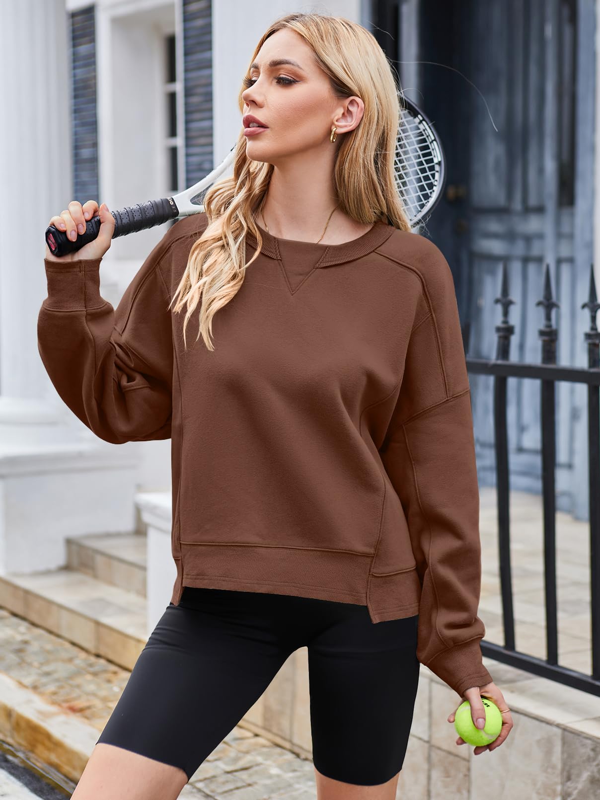 MEROKEETY Women's Oversized Cropped Sweatshirts Crewneck Trendy Workout Pullover Sweater Fall Outfits