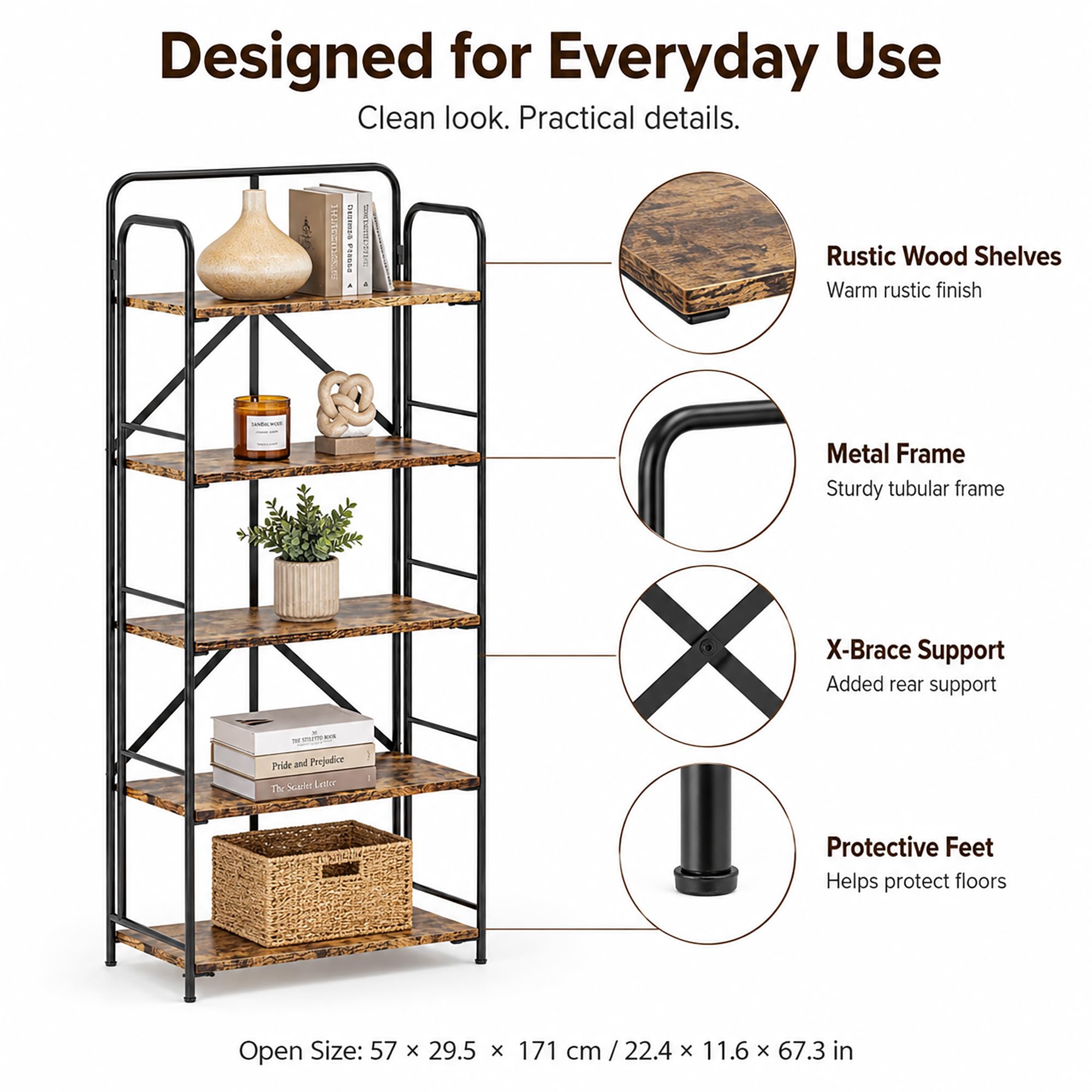4NM No Assembly Folding Bookshelf, 3 Tiers Collapsible Book Shelves Open Industrial Foldable Storage Bookcase Shelf for Bedroom, Living Room, Home Office - Natural and White