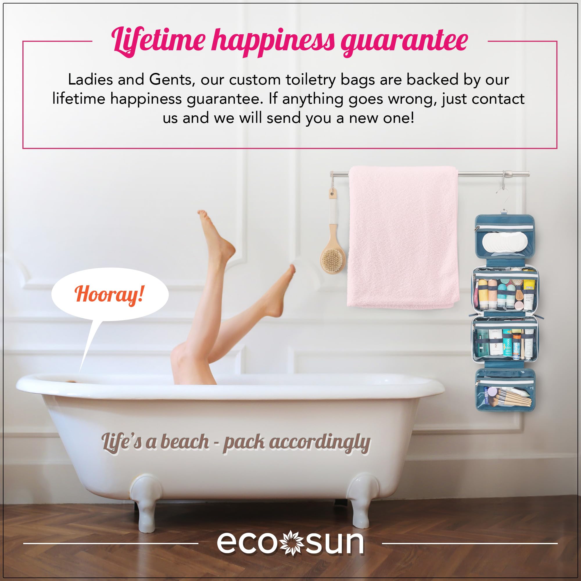 Eco Sun Hanging Travel Toiletry Bag — Designed in Hawaii — Water-resistant Travel Organizer for Bathroom Accessories (Black)