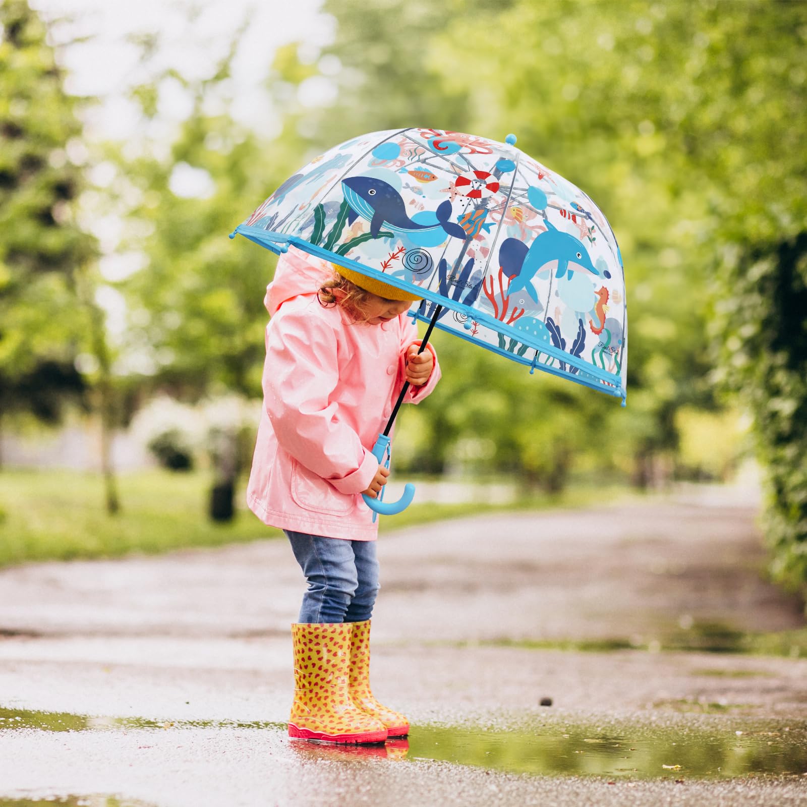decalsweet Kids Umbrella Clear Bubble Umbrellas for Rain,Transparent Dome Safety Windproof Umbrella with Easy-Grip Hook Handle for Toddler Girls and Boys