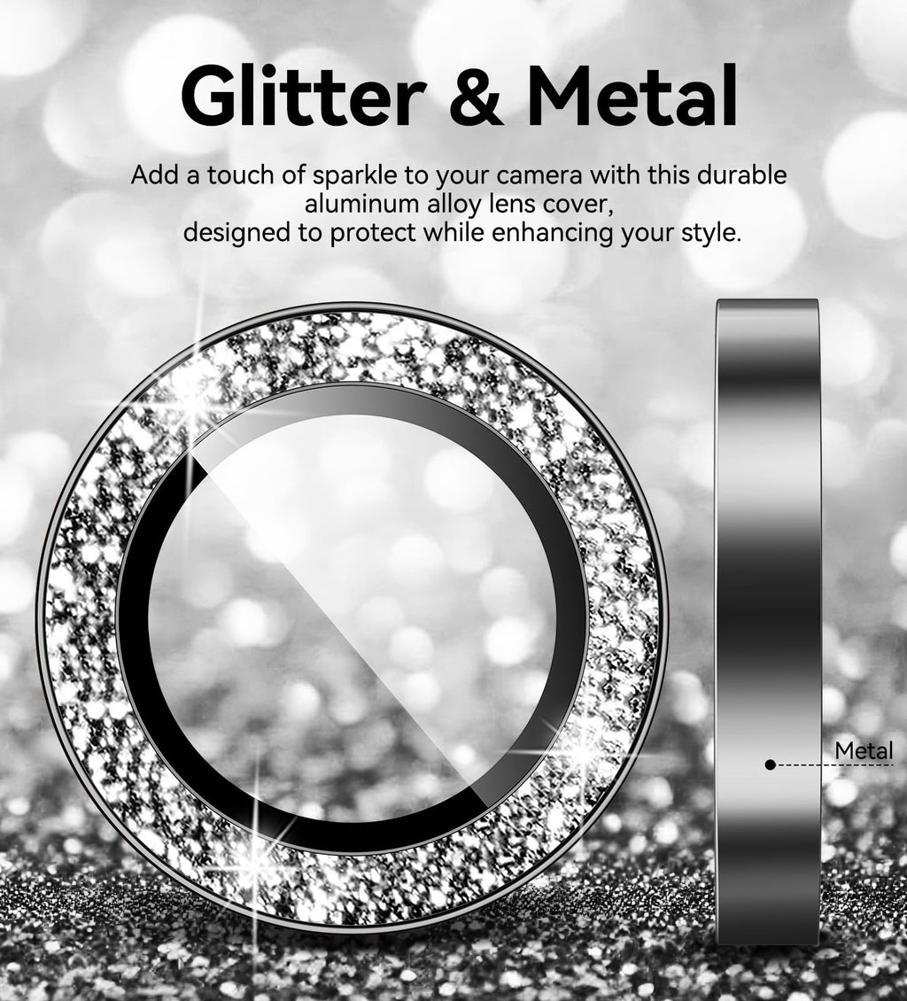 Matekxy Glitter Camera-Lens Protector for iPhone-16 Pro-Max - 16 Pro Anti-Scratch Tempered Glass with Aluminum Edging, Cute Girly Metal Individual Bling Ring Cover for Women, Black Titanium