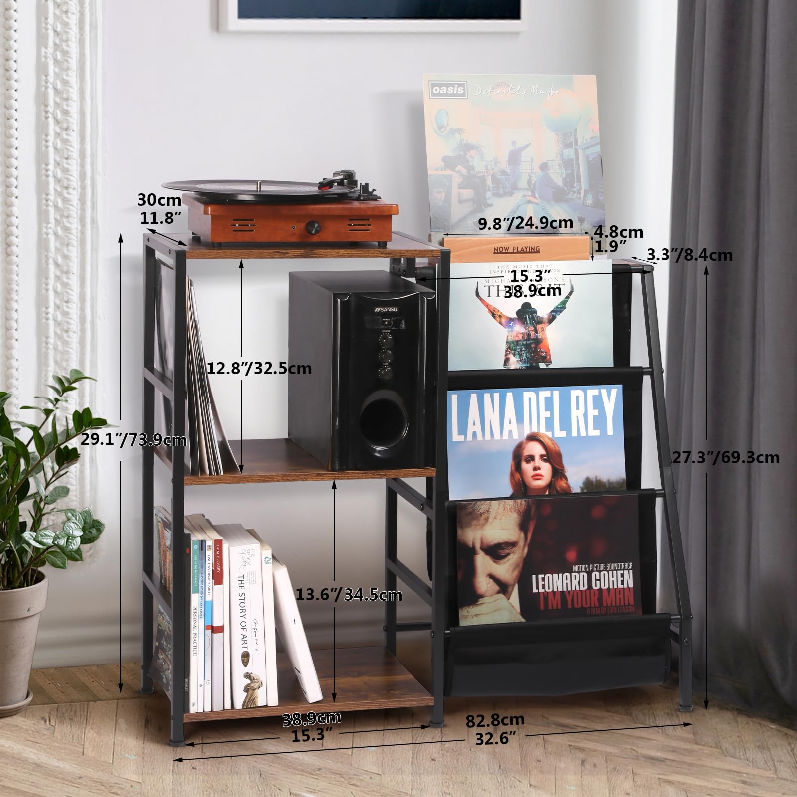 HYCFYJR Record Player Stand, 3-Tier Vinyl Record Storage, Turntable Stand with Now Playing Holder, Vinyl Display for Living Room, Grey & White