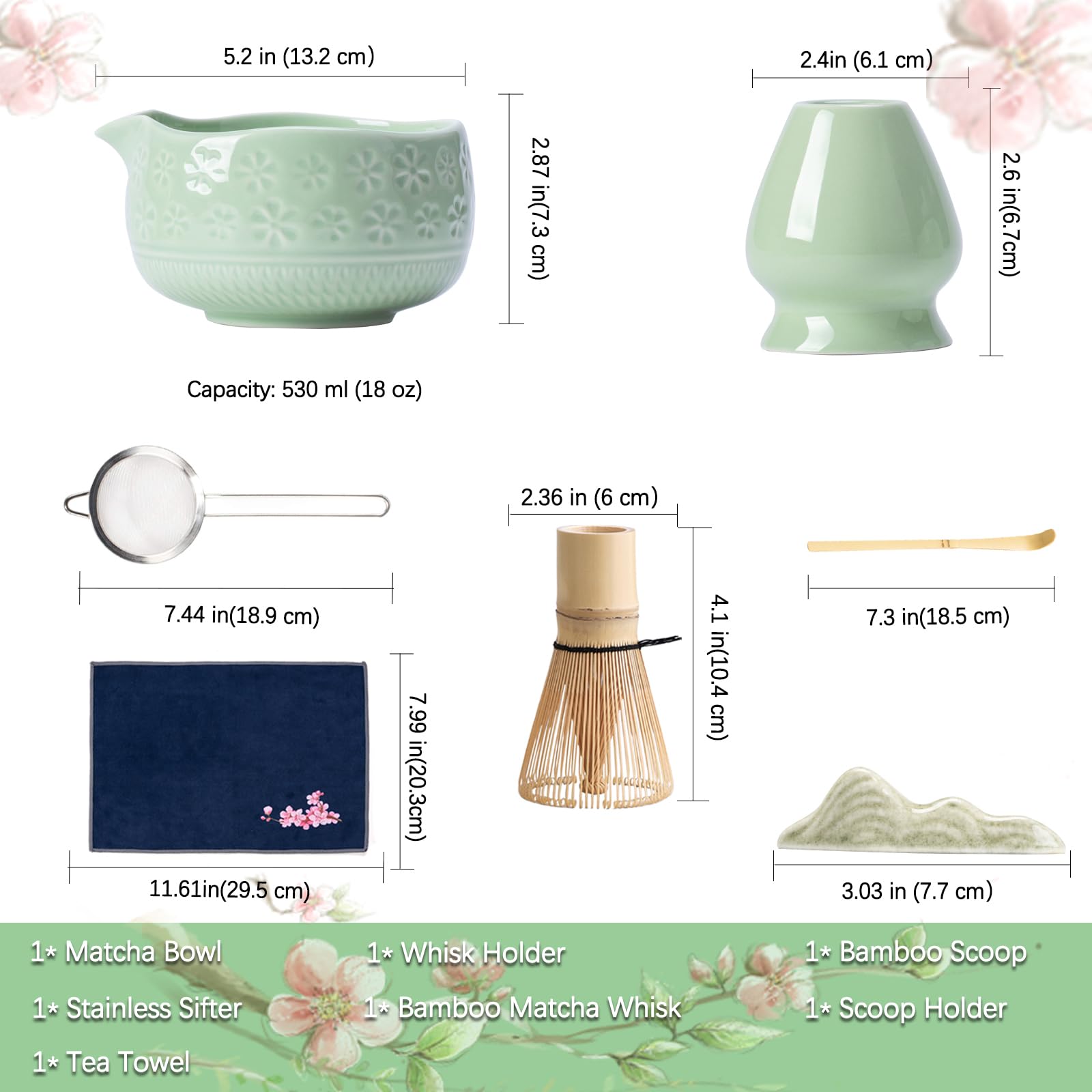 Buucup Matcha Whisk Set, Ceramic Matcha Kit Includes Matcha Bowl, Matcha Whisk and Holder, Bamboo Scoop, Scoop Rest, Sifter and Tea Towel - 7 Pcs Matcha Kit for Matcha Lovers (Blue)