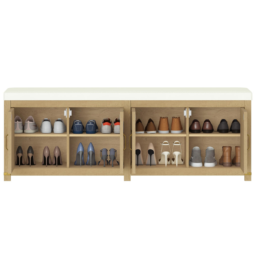 Hzuaneri Shoe Storage Bench, 2 Tier Shoe Bench with Padded Seat Cushion & 2 Barn Doors, Entryway Bench with Adjustable Shelf, Farmhouse Shoe Cabinet for Living Room, Bedroom, Antique White SB26214KA