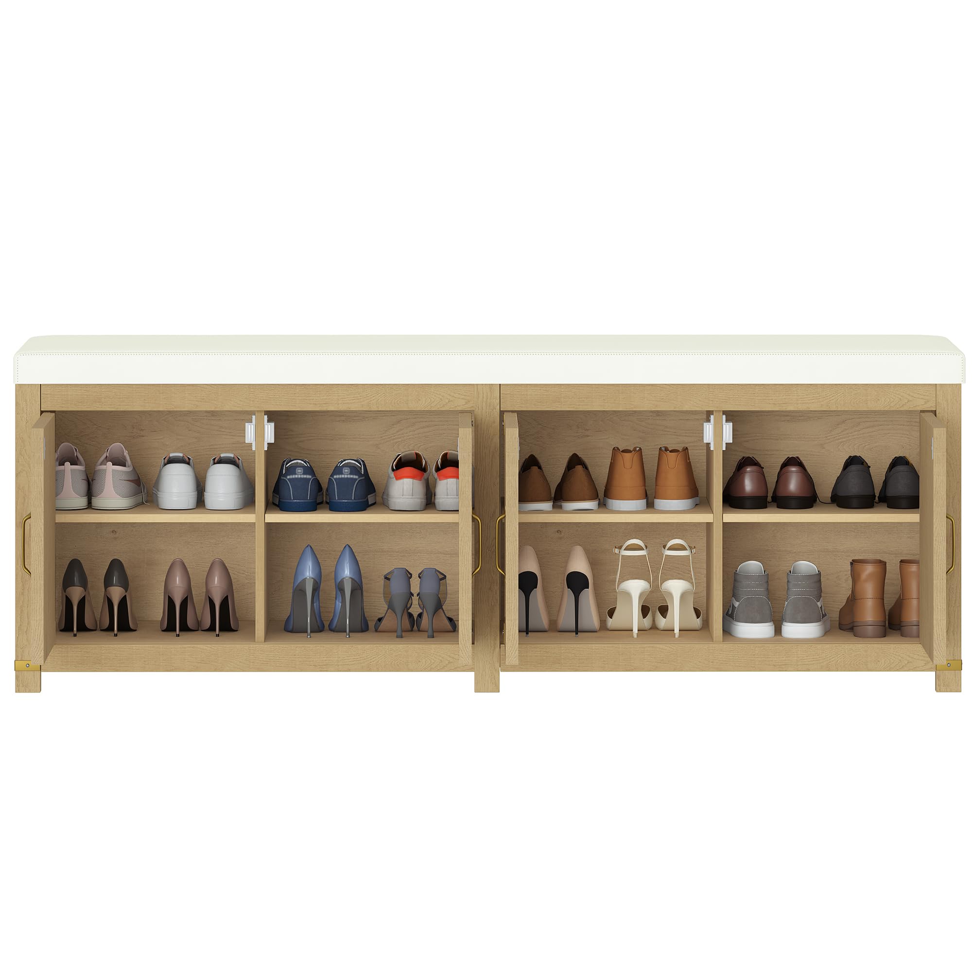 Hzuaneri Shoe Storage Bench, 2 Tier Shoe Bench with Padded Seat Cushion & 2 Barn Doors, Entryway Bench with Adjustable Shelf, Farmhouse Shoe Cabinet for Living Room, Bedroom, Antique White SB26214KA