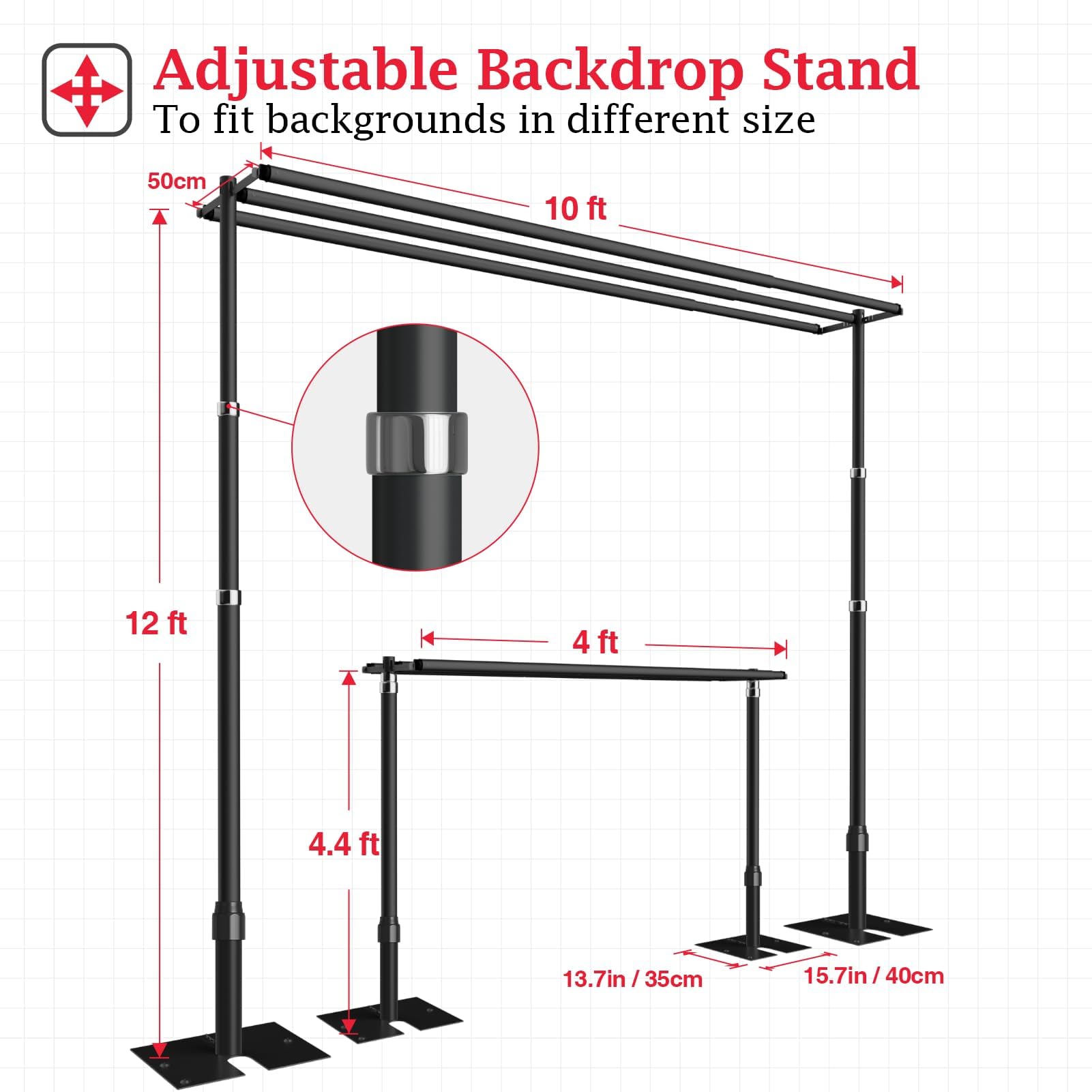 EMART Backdrop Stand Heavy Duty 8.9x10Ft,Three Crossbar Pipe and Drape Photo Background Support Kit, Adjustable Metal Frame with Flat Base for Wedding Birthday Party Decorations-Black
