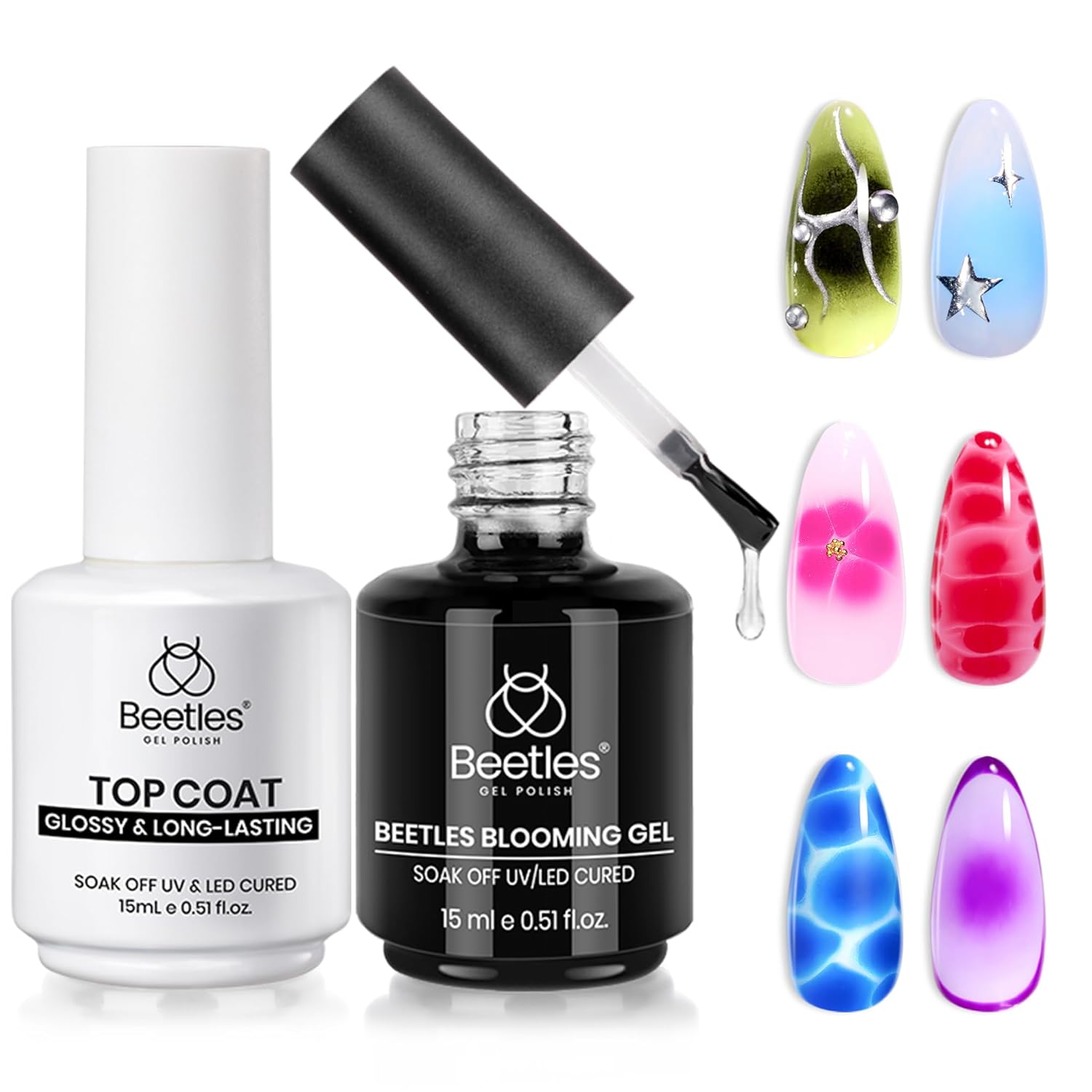 Beetles 2Pcs 15ml Gel Base and Top Coat Set - Upgrade No Wipe Extra Glossy Top Coat Finish for Gel Nail Polish, Soak Off UV/LED Lamp Needed, Essentials for Long-Lasting Manicure Kit
