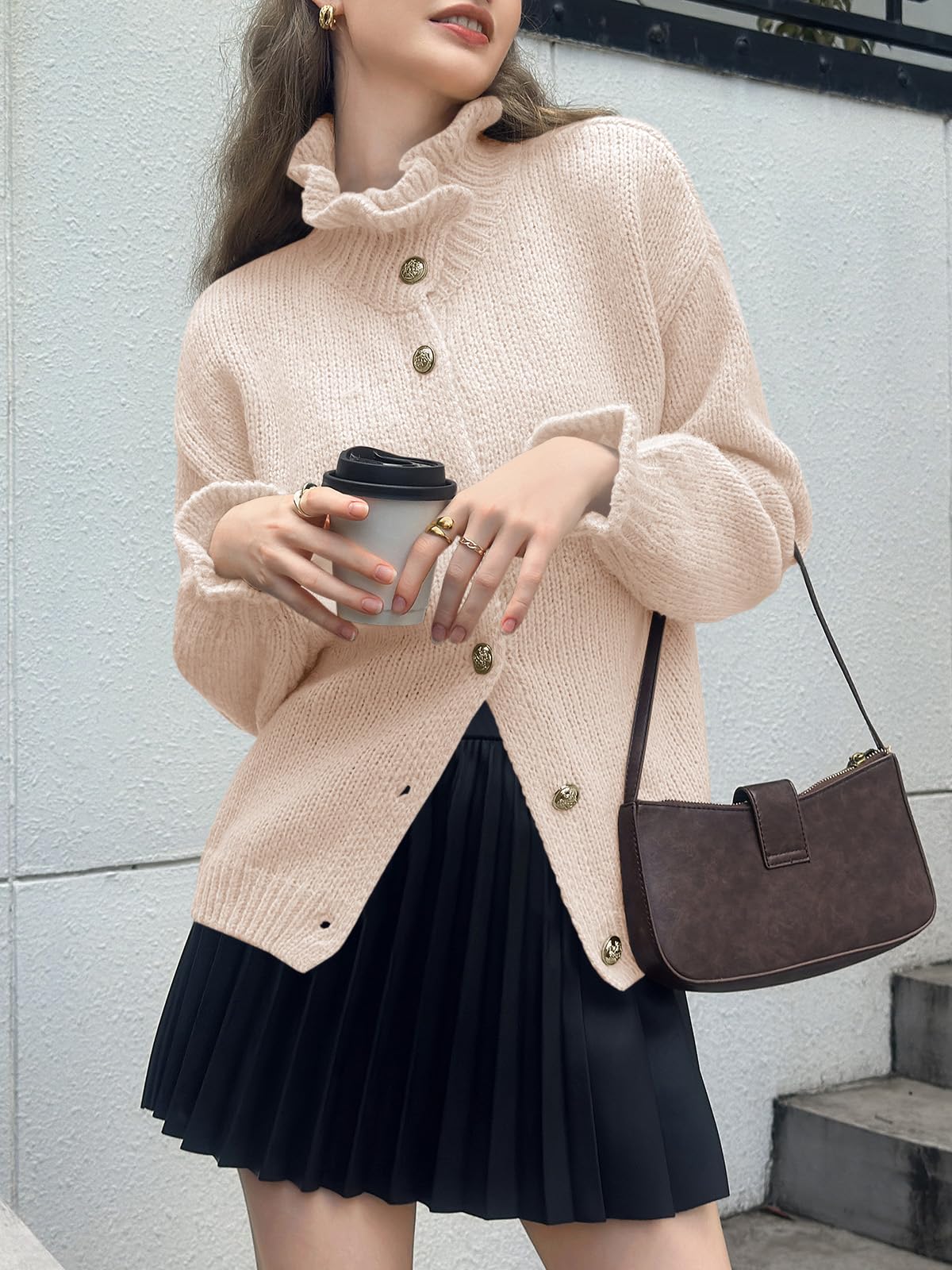 Saodimallsu Womens Ruffle Cardigan Oversized Button Up Fall Trendy Ribbed Knit Open Front Long Sleeve Loose Cute Sweater
