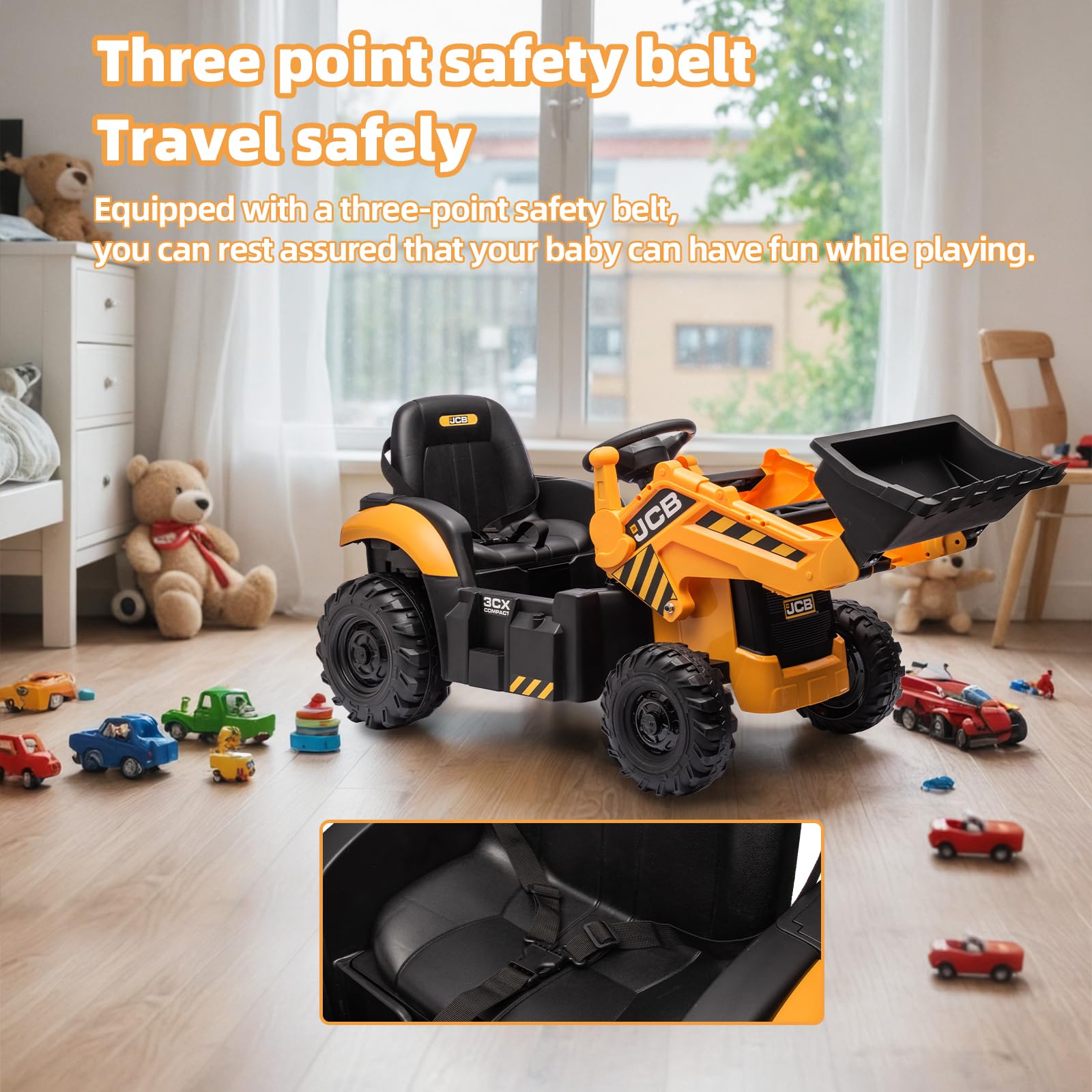 24V JCB Ride On Excavator for Kids, 3-in-1 Ride On Backhoe Digger with Front Loader & Rear Arm, Remote Control, Slow Start/Stop, Adjustable Speeds, Electric Construction Vehicle Toy for Ages 3–8